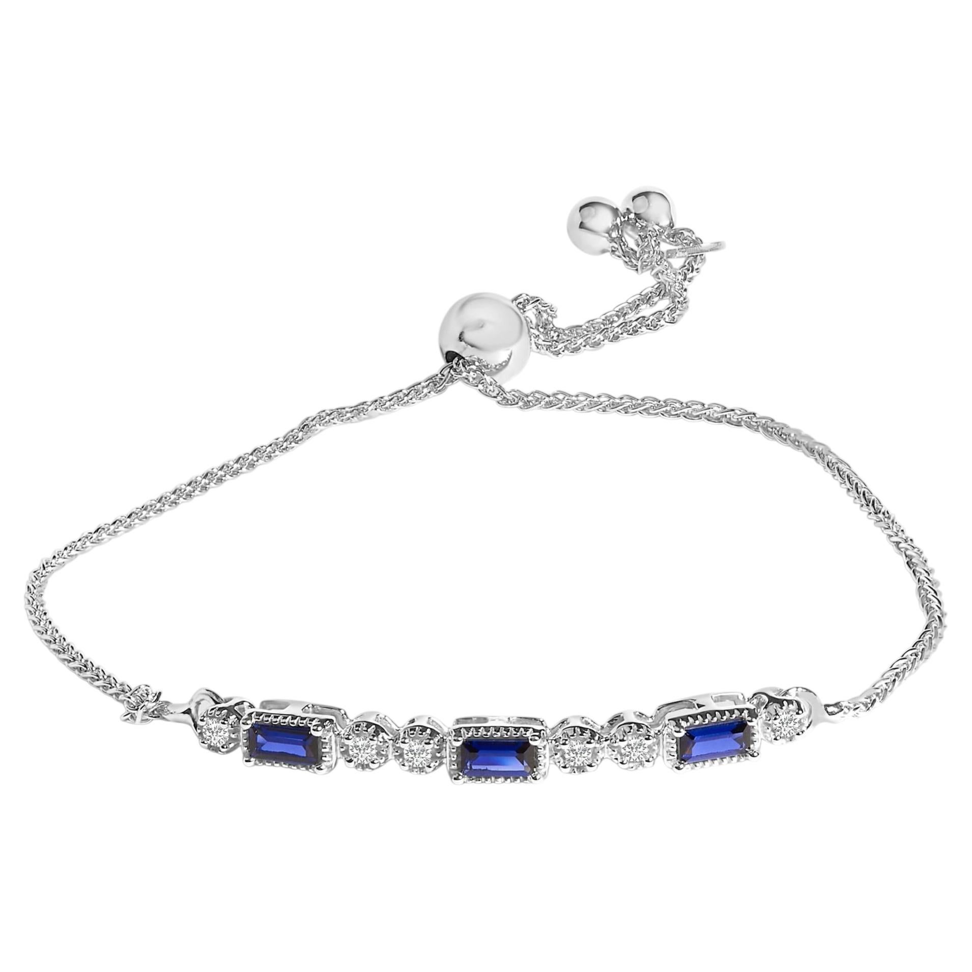 .925 Sterling Silver Created Blue Sapphire and White Sapphire Bolo Bracelet
