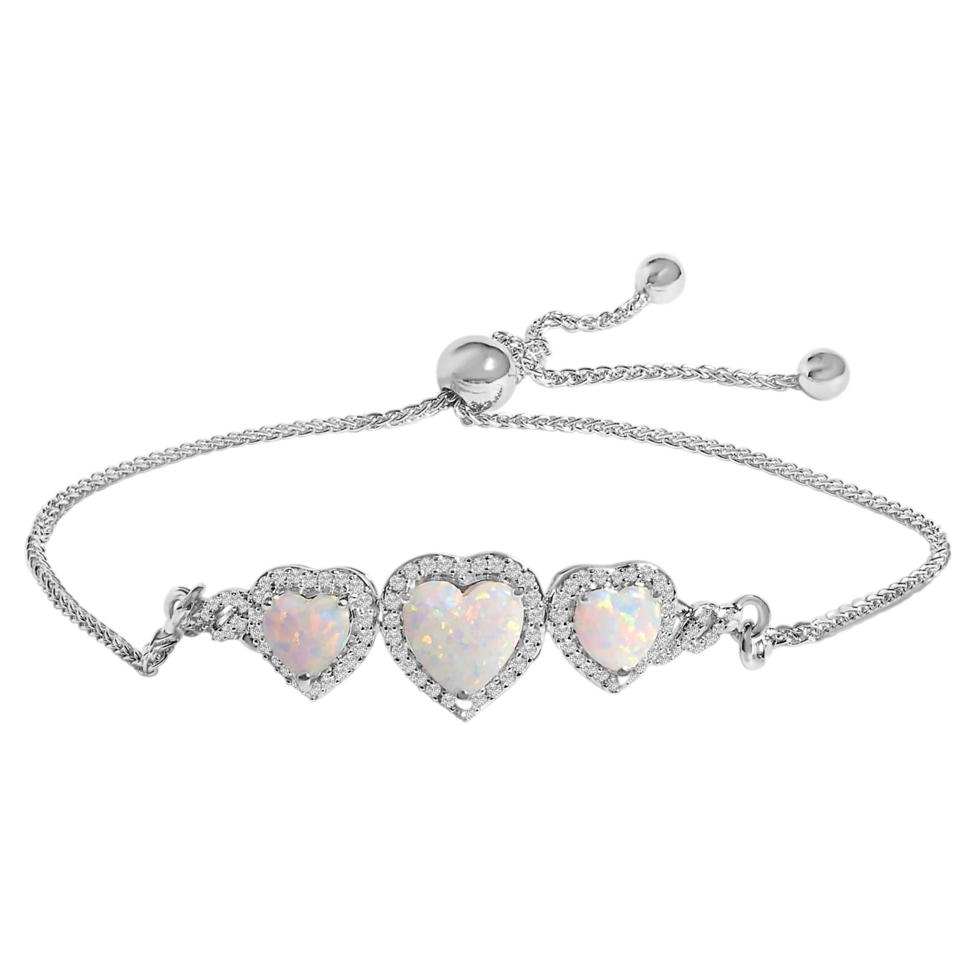 .925 Sterling Silver Created Opal Triple Heart and White Sapphire Bolo Bracelet