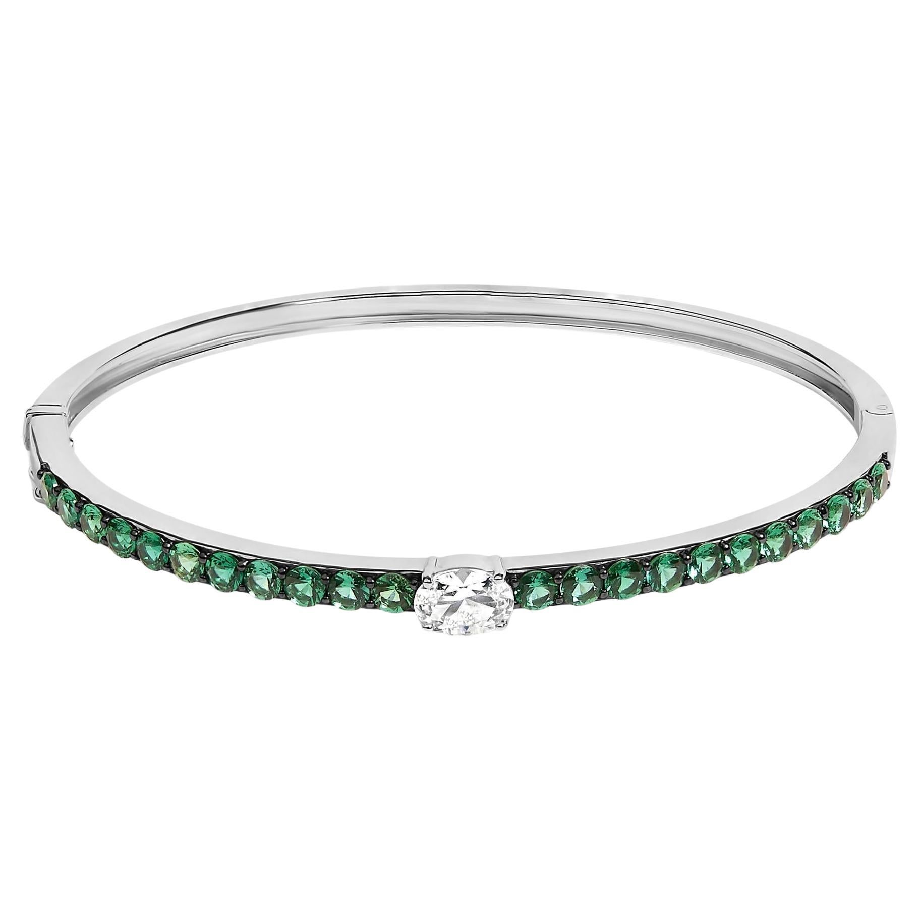 .925 Sterling Silver Created Sapphire and Emerald Semi Eternity Bangle en vente