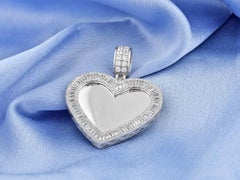 925 Sterling Silver Cubic Zirconia Baguette Halo Custom Photo Heart Pendant