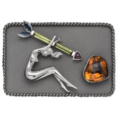 925 Sterling Silver Cupid Belt Buckle with 13.45 Carat Citrine, 1.20 Ct Sapphire