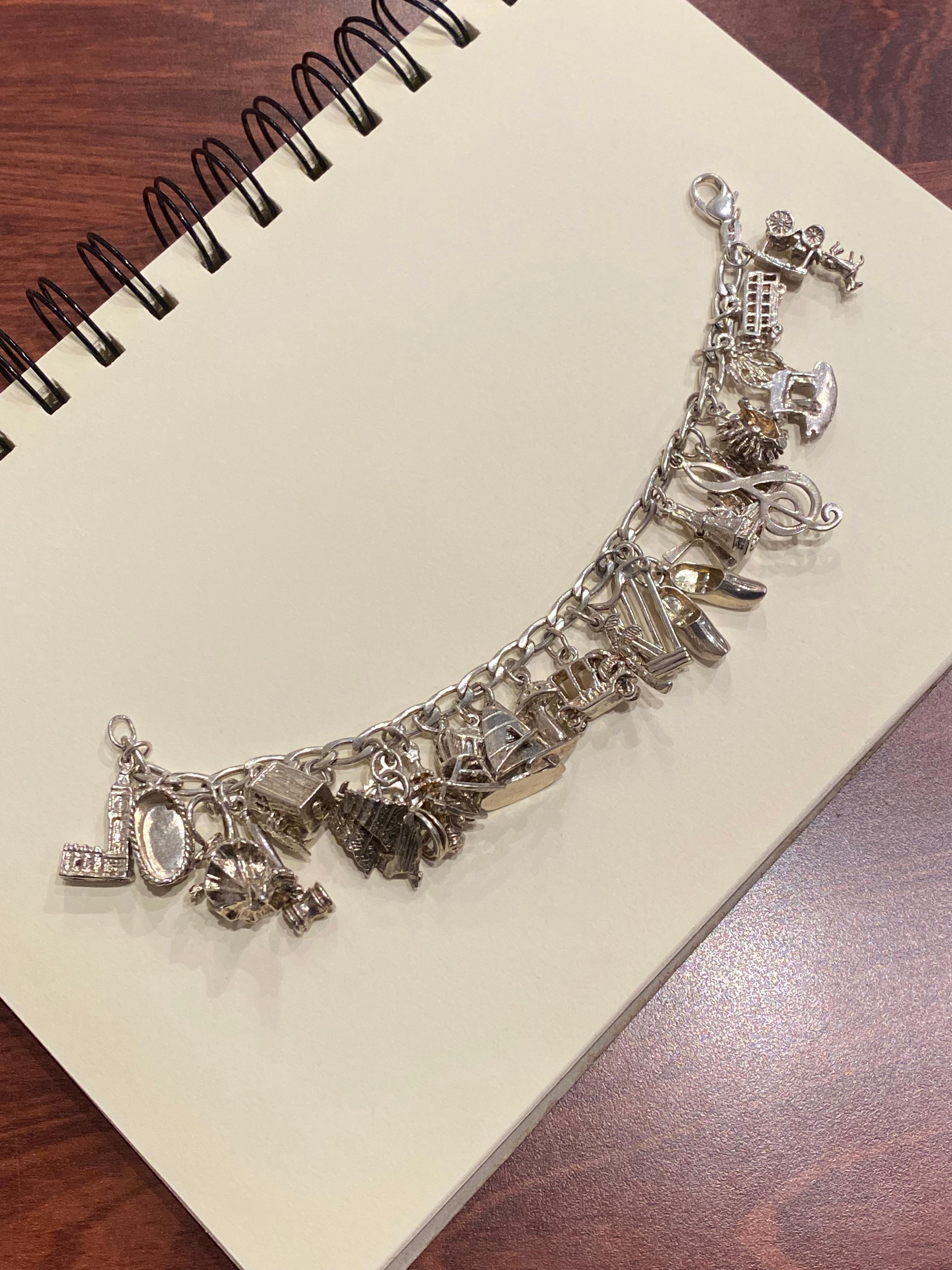 Women's 925 Sterling Silver Curb Link Vintage Charm Bracelet with 24 Charms. 59.3gr.
