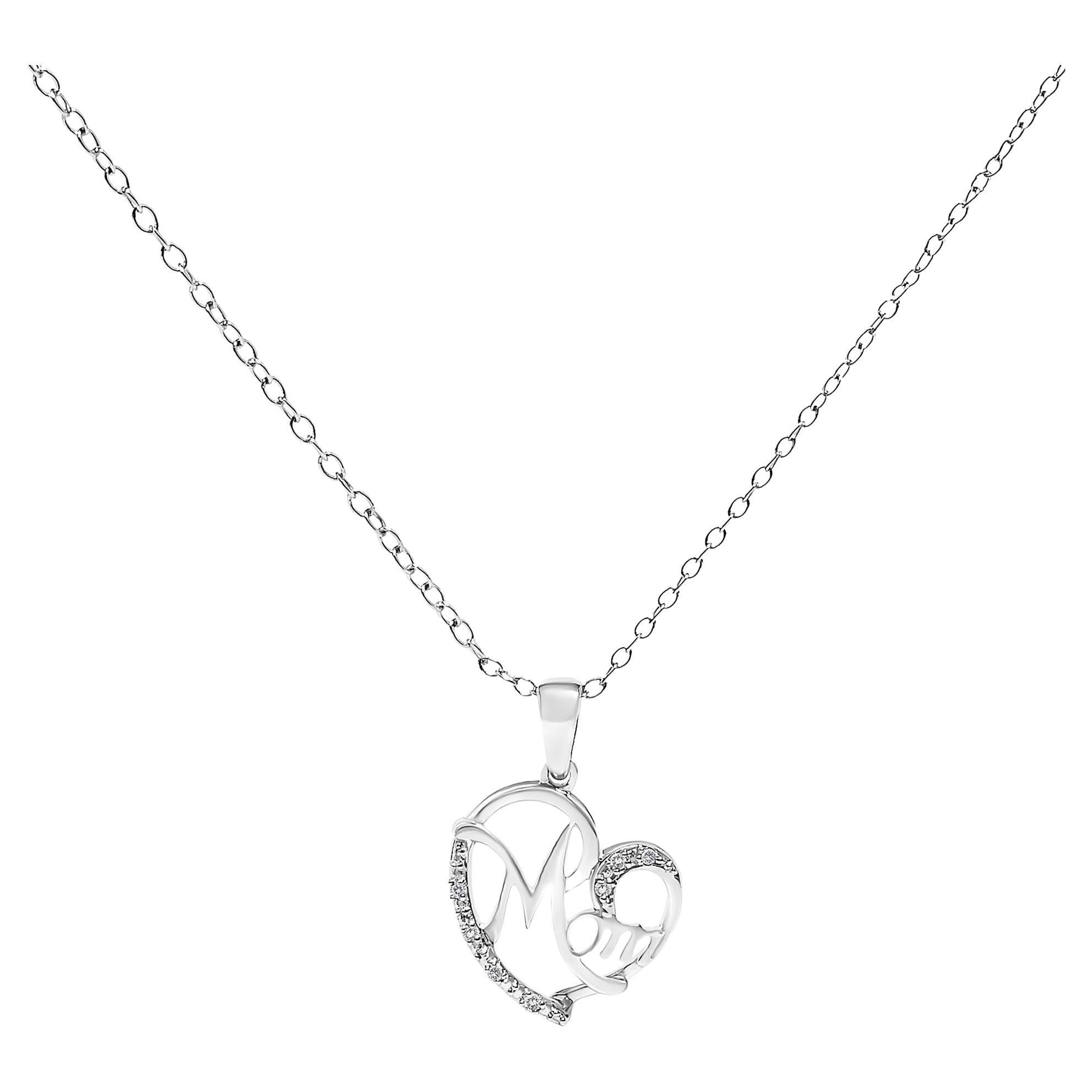 .925 Plata de Ley Cursiva Mamá Corazón Collar Colgante Acentuado con Diamantes