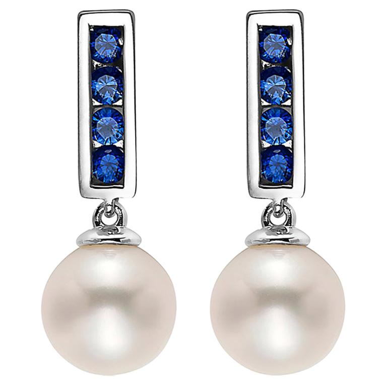 .925 Sterling Silver Dangling Akoya Pearl and Blue Sapphire Earrings For Sale