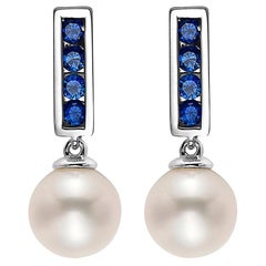 .925 Sterling Silver Dangling Akoya Pearl and Blue Sapphire Earrings