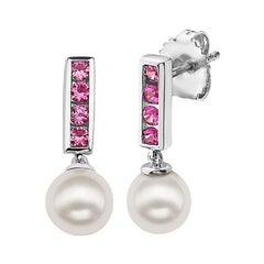 .925 Sterling Silver Dangling Akoya Pearl and Pink Sapphire Earrings