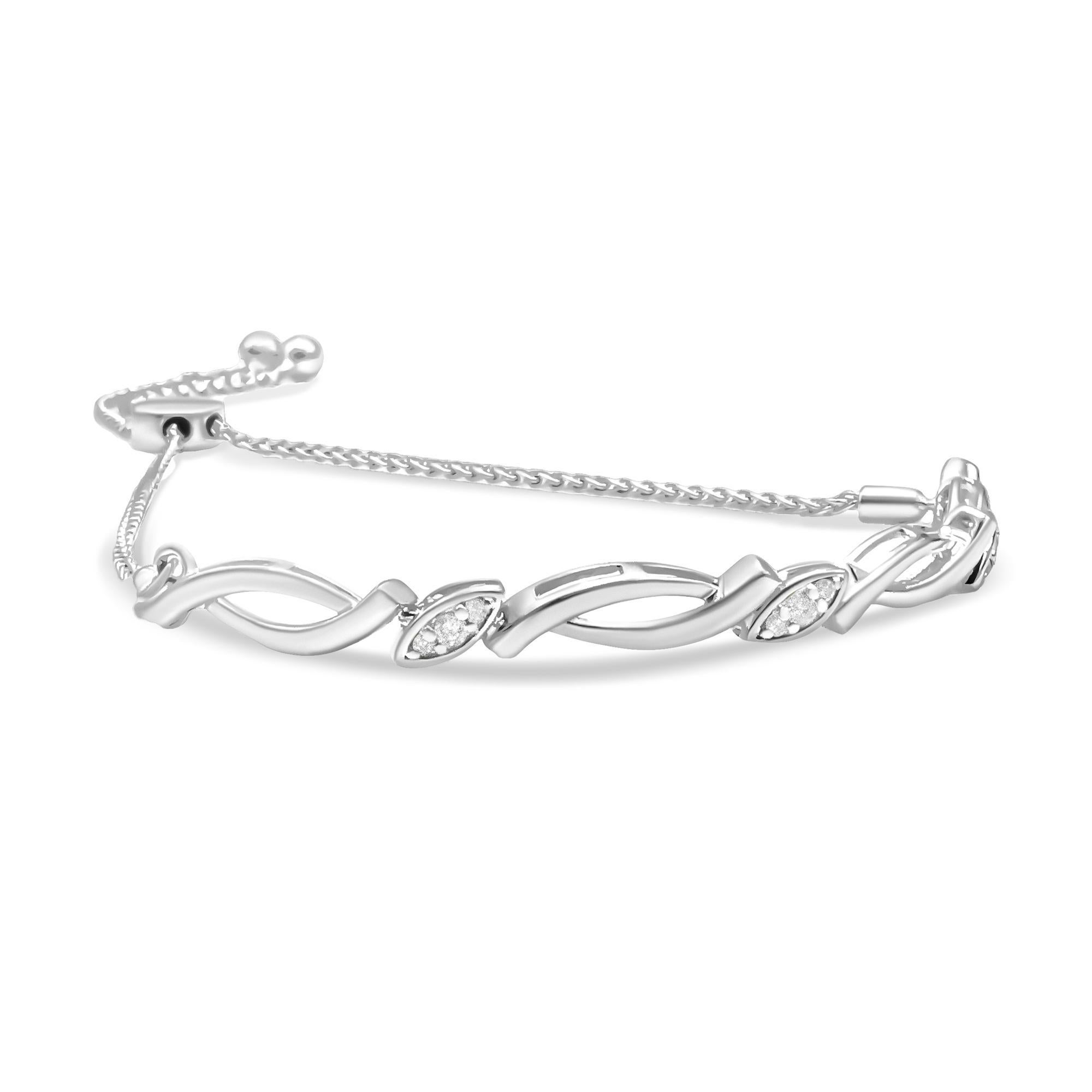 Experience the allure of classic elegance with this delicate bolo bracelet, a creation that dances between art and accessory. Forged from .925 sterling silver and bathed in rhodium, it features a mesmerizing succession of alternating swirl links,