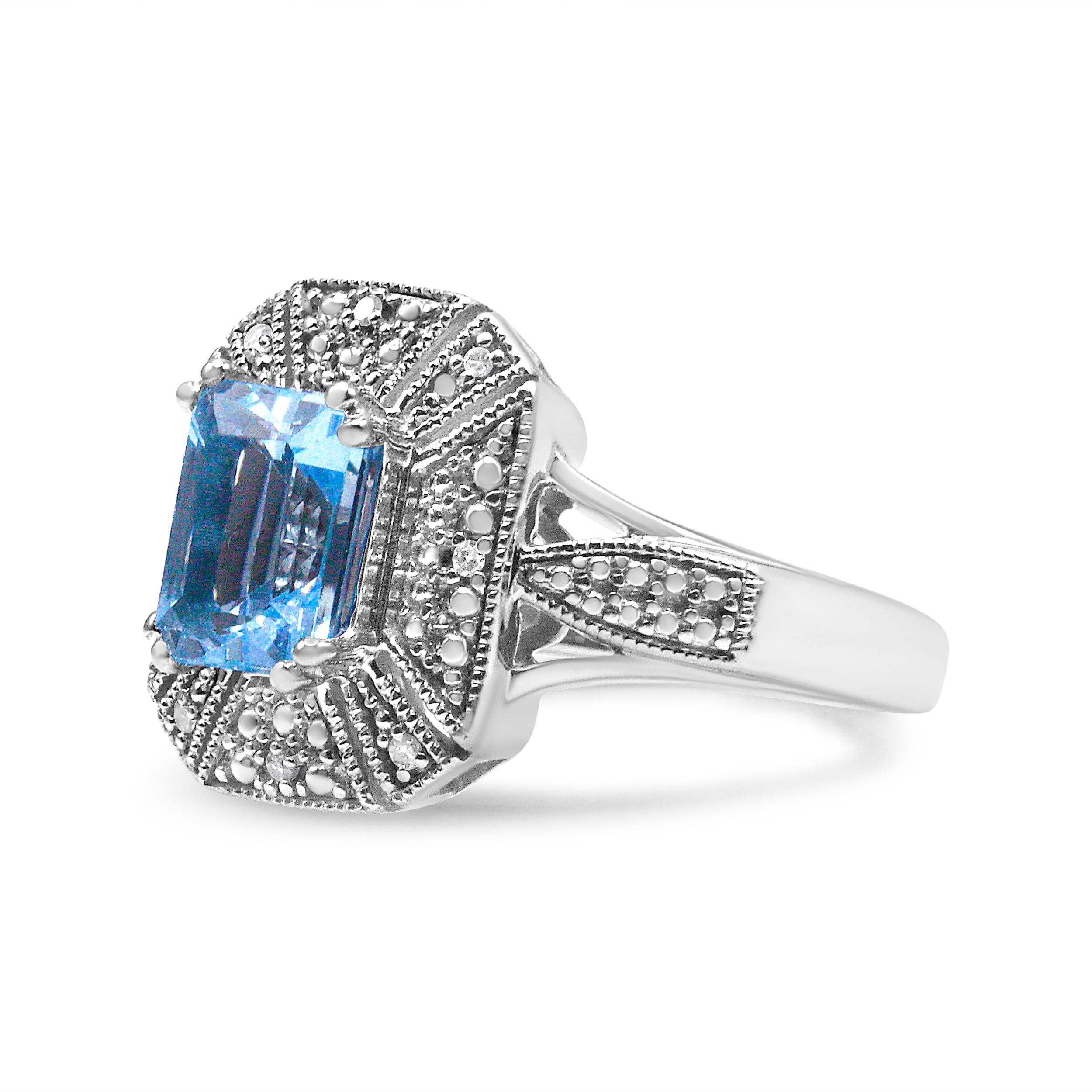 Bague en argent 925 sertie d'un diamant et d'une topaze bleue en forme d'émeraude de 8 x 6 mm 2