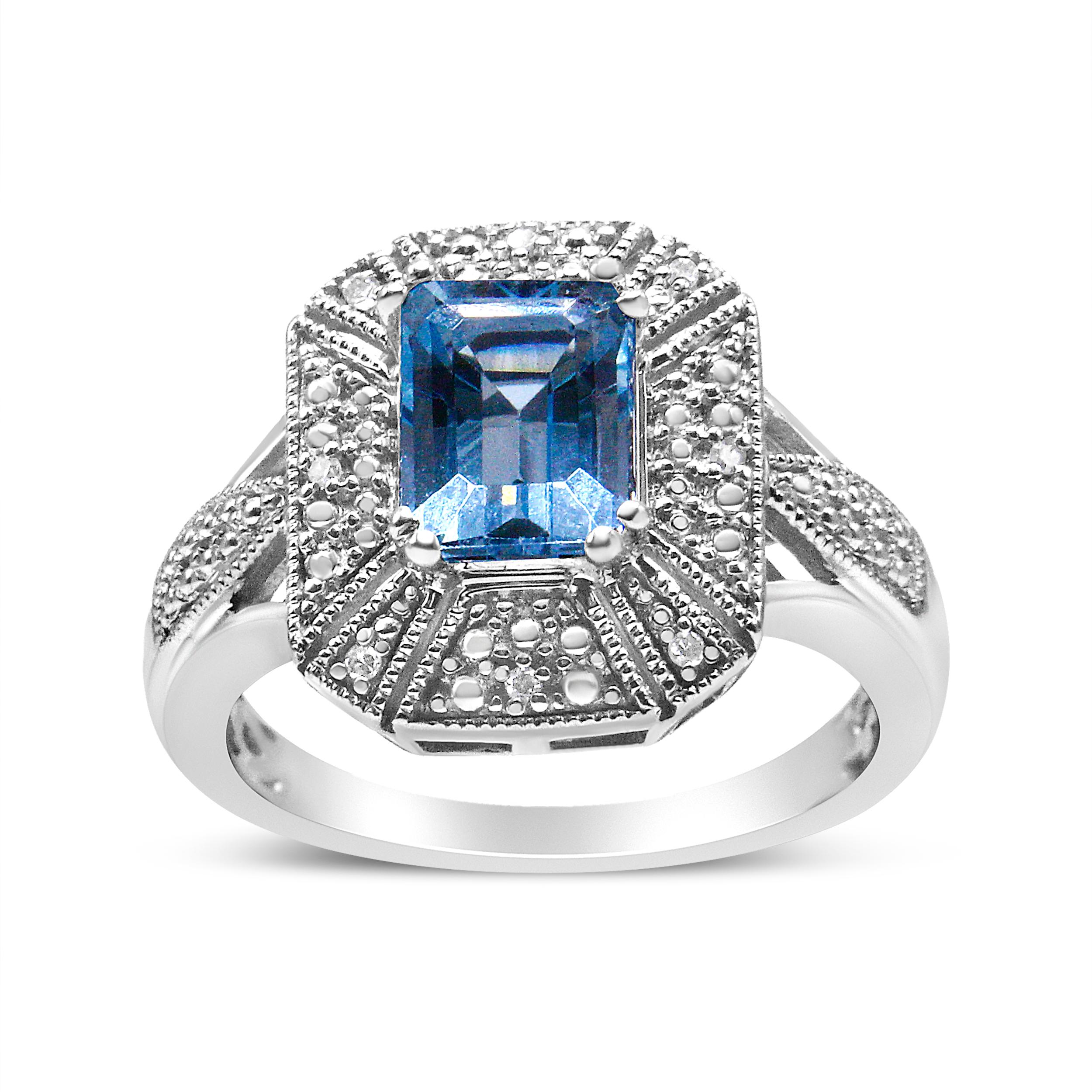 .925 Sterling Silver Diamond Accent and 8X6 mm Emerald-Shape Blue Topaz Ring 3