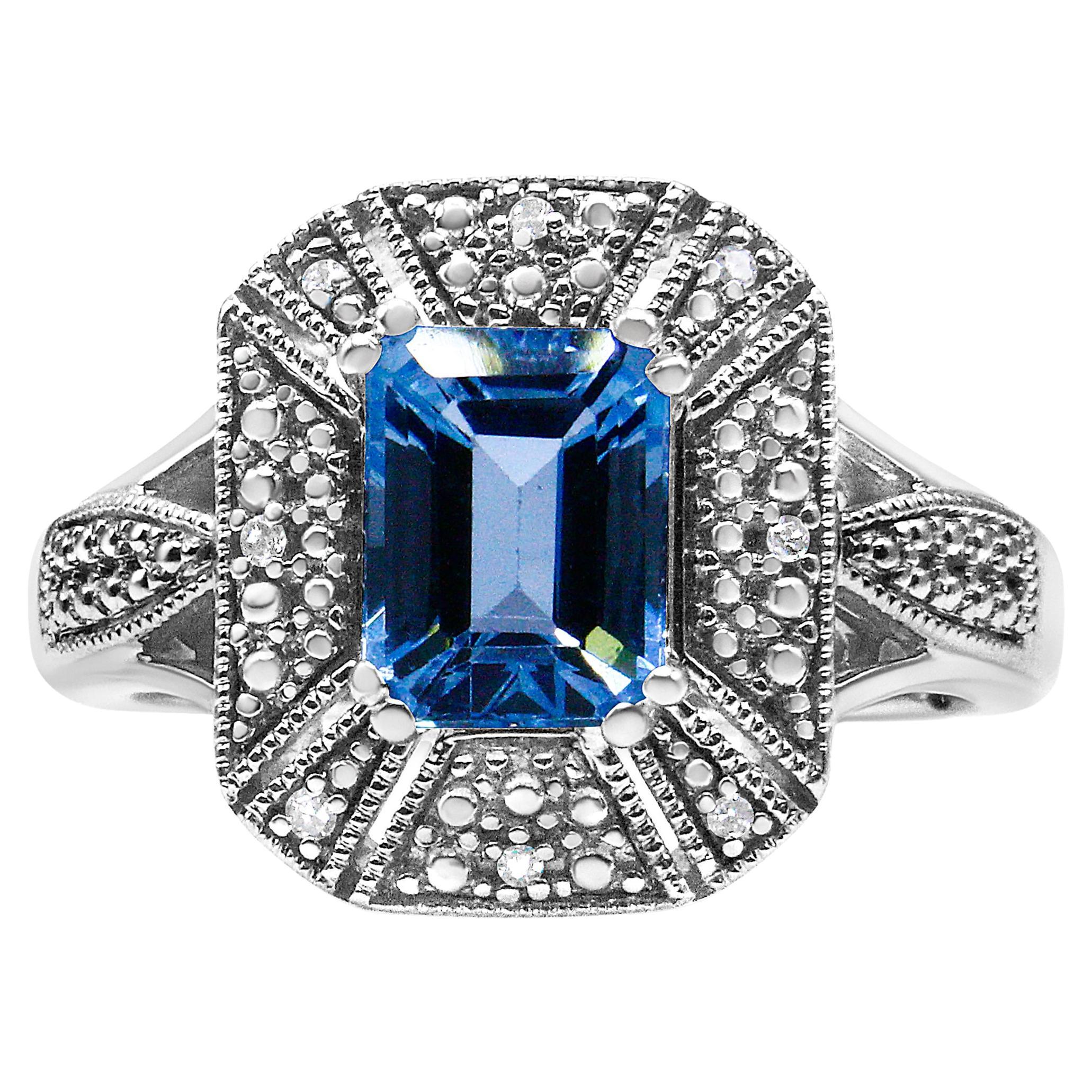 Bague en argent 925 sertie d'un diamant et d'une topaze bleue en forme d'émeraude de 8 x 6 mm