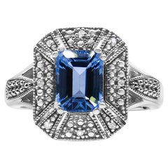 Anello in argento 925 con diamanti e topazio blu a forma di smeraldo di 8X6 mm