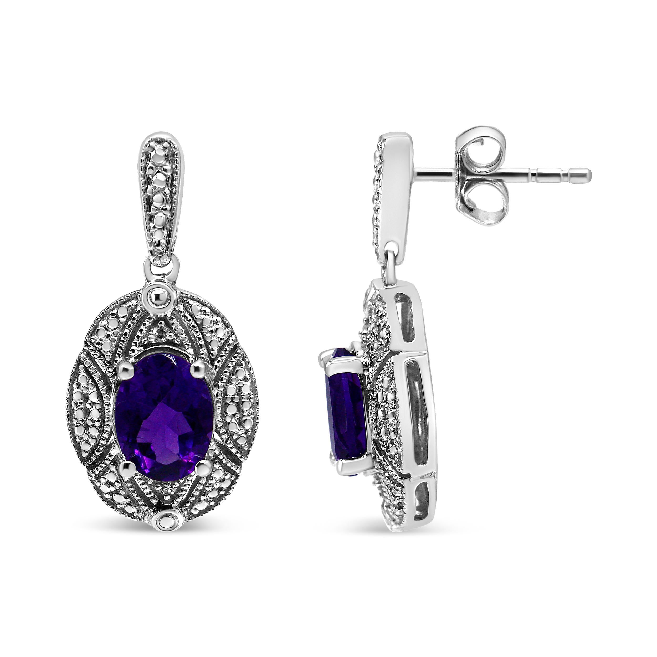 Modern .925 Sterling Silver Diamond Accent and Purple Oval Amethyst Stud Earrings For Sale