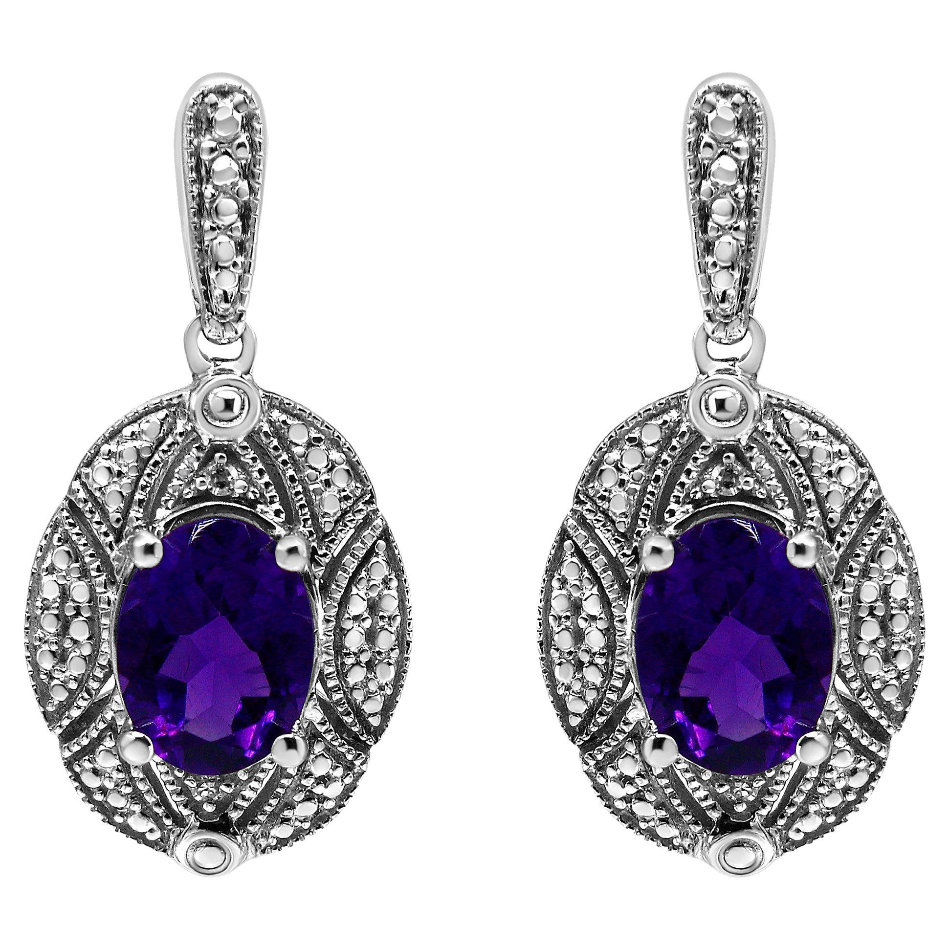 .925 Sterling Silver Diamond Accent and Purple Oval Amethyst Stud Earrings For Sale