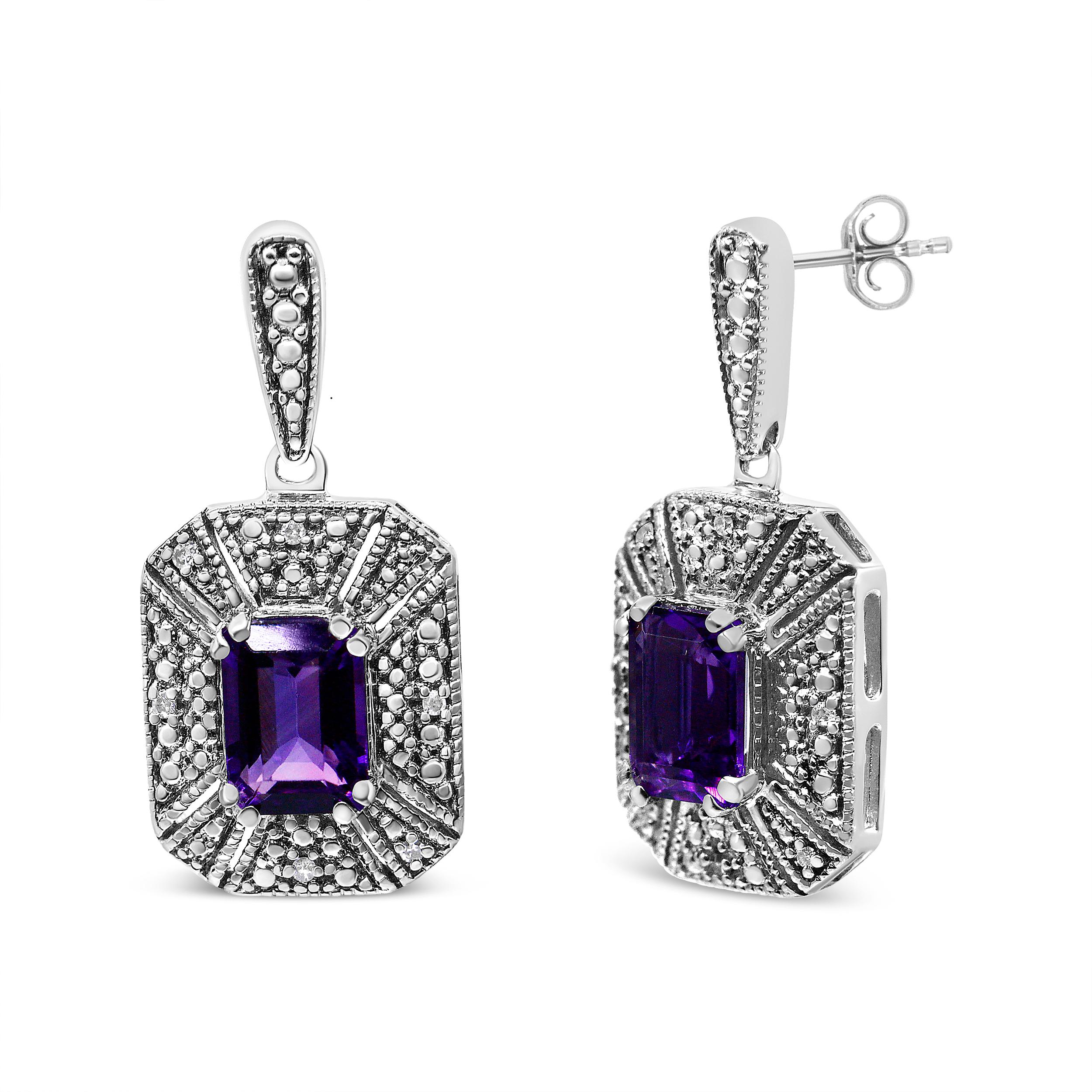 Let the rich color and sparkling grandeur of gemstones and diamonds accentuate your style when you wear these sensational .925 sterling silver halo stud earrings! At the center of each earring is a 7x5mm rectangular amethyst gemstone in a