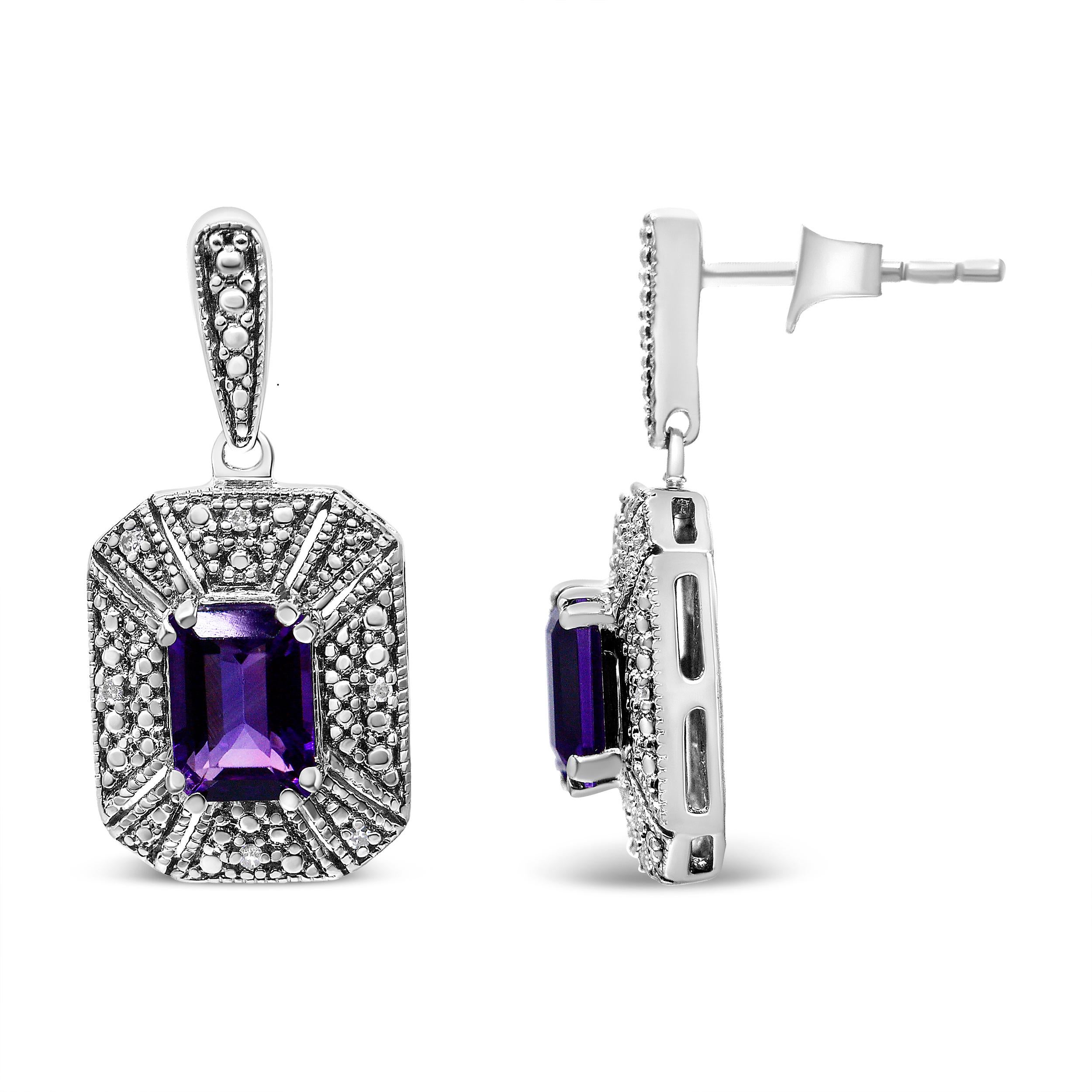 Modern .925 Sterling Silver Diamond Accent and Purple Amethyst Gemstone Stud Earrings For Sale