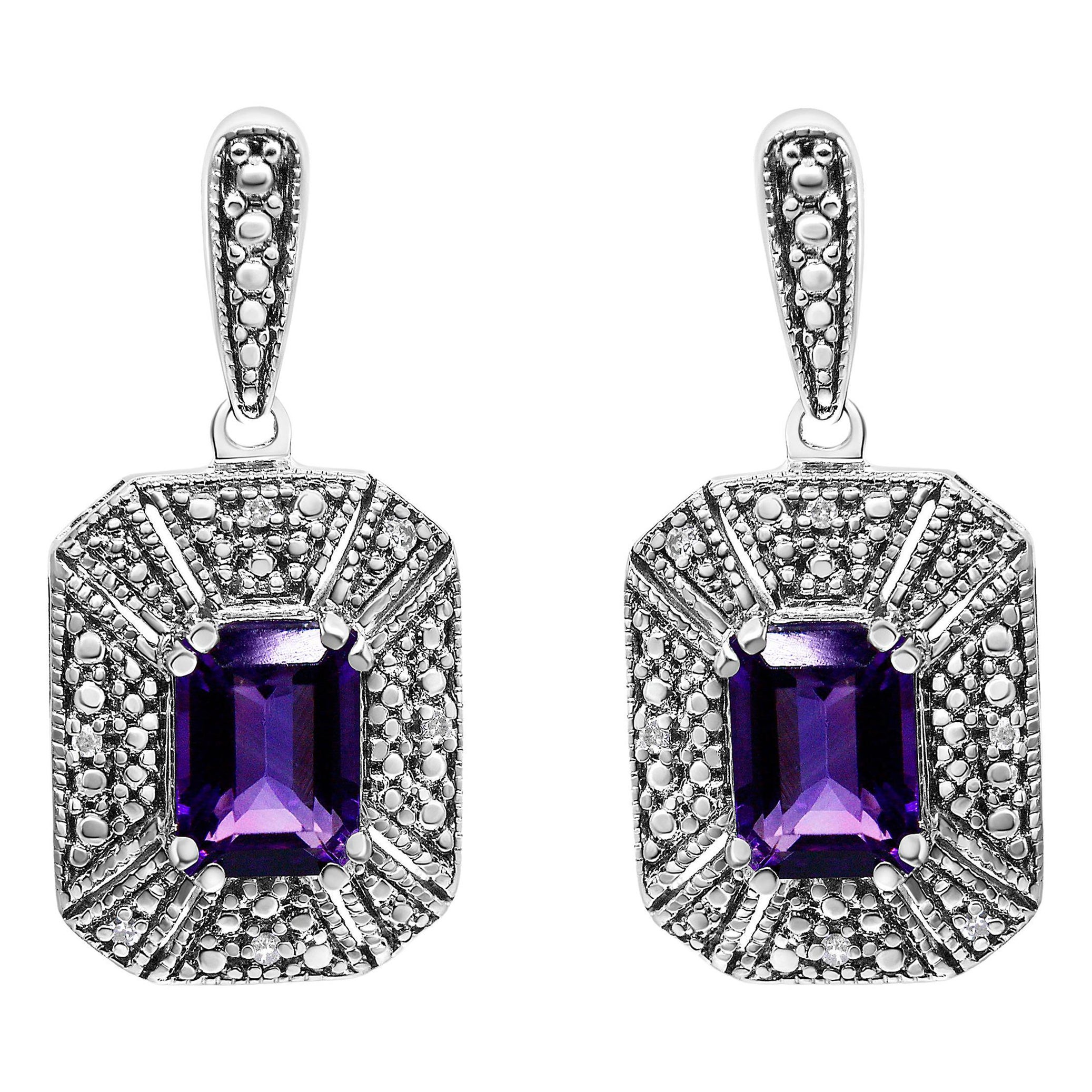 Boucles d'oreilles en argent sterling .925 serties de diamants et d'améthystes violettes