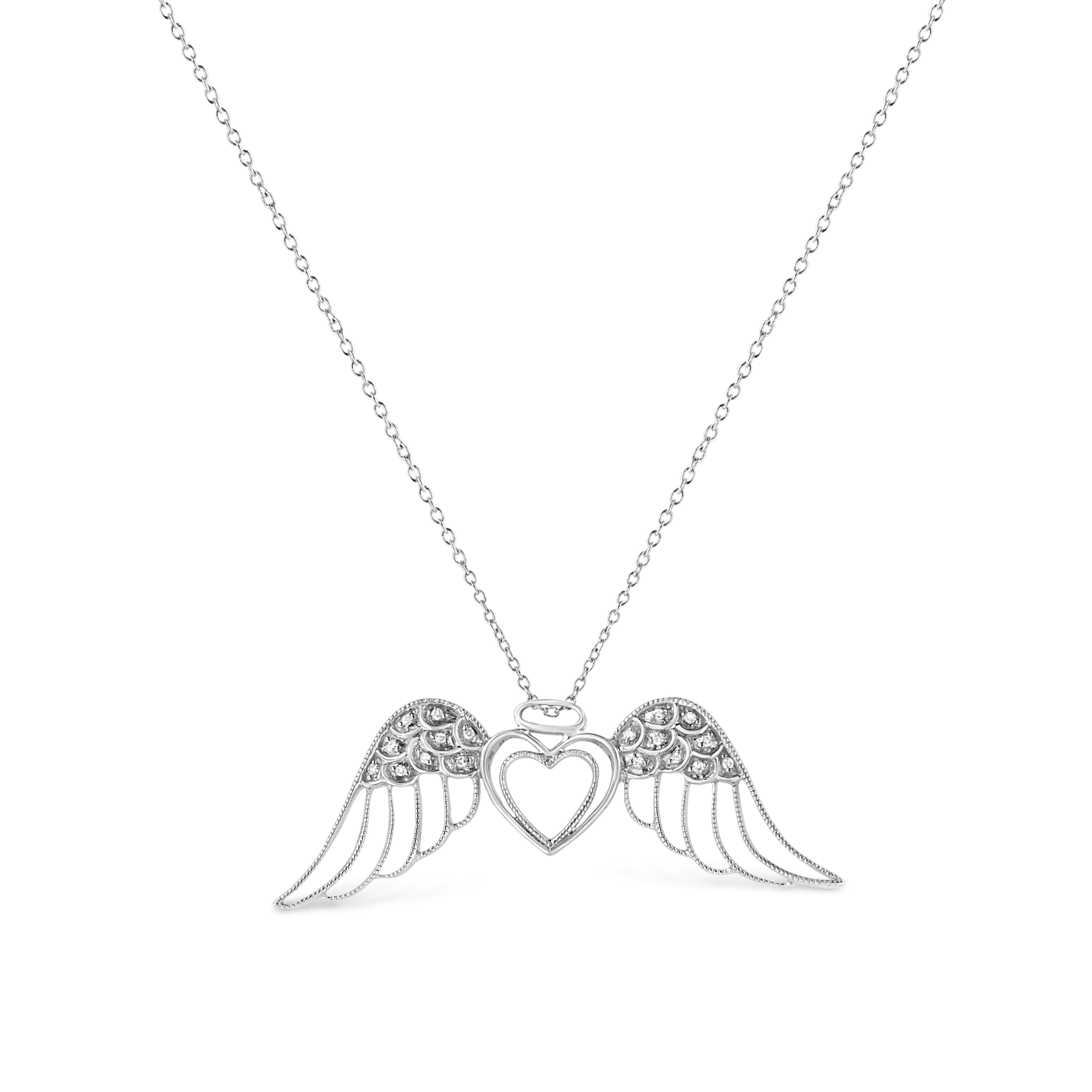 Present this sweet and stylish designed diamond angel wings to her. This sterling silver pendant features a glistening heart flies on brightly polished widespread angel's wings embellished with 18 pave set round cut diamonds. This whimsical pendant