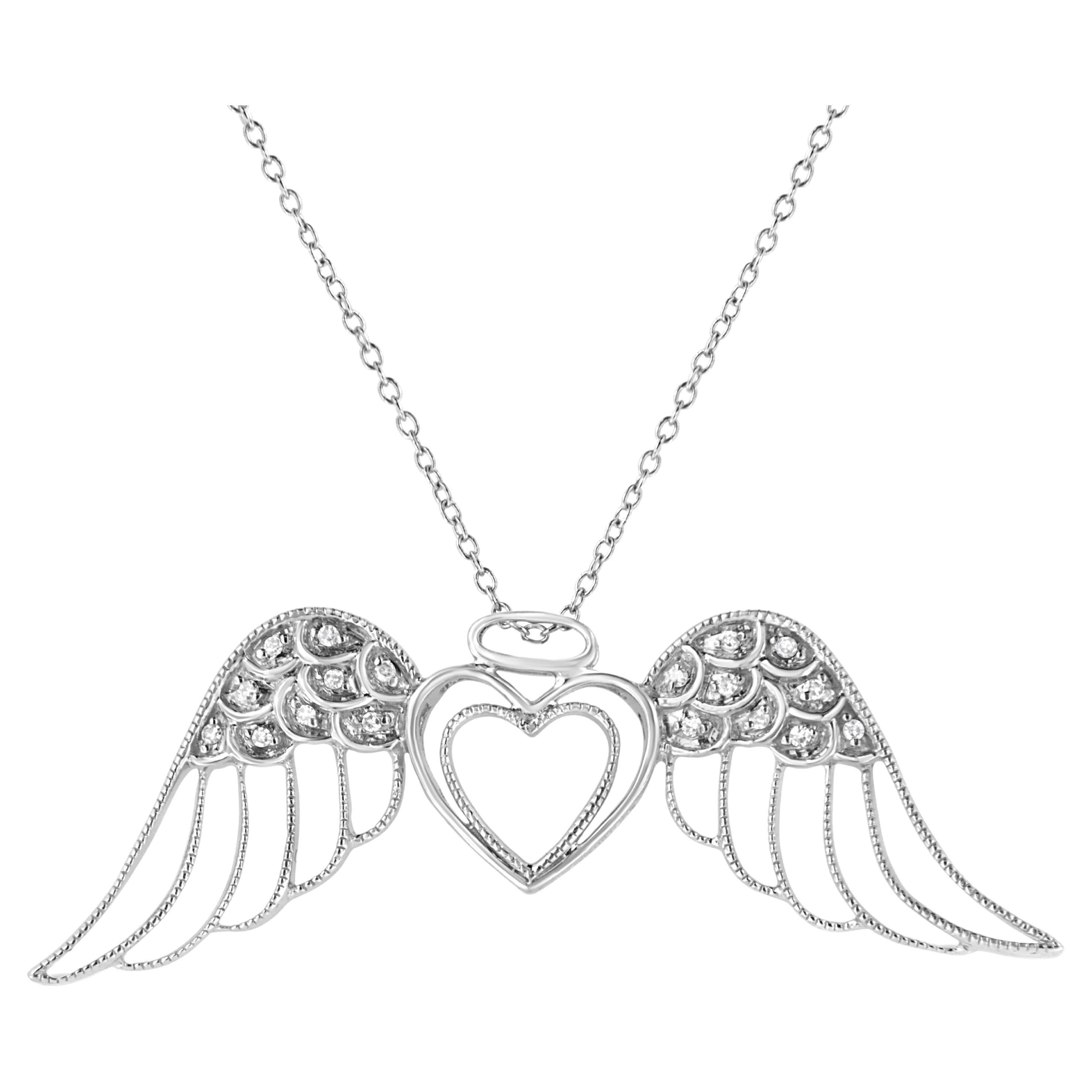 .925 Sterling Silver Diamond Accent Angel Wing Double Heart Pendant Necklace