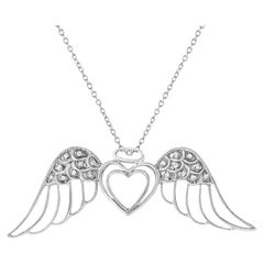 .925 Sterling Silber Diamant Akzent Engel Flügel Doppel Herz Anhänger Halskette