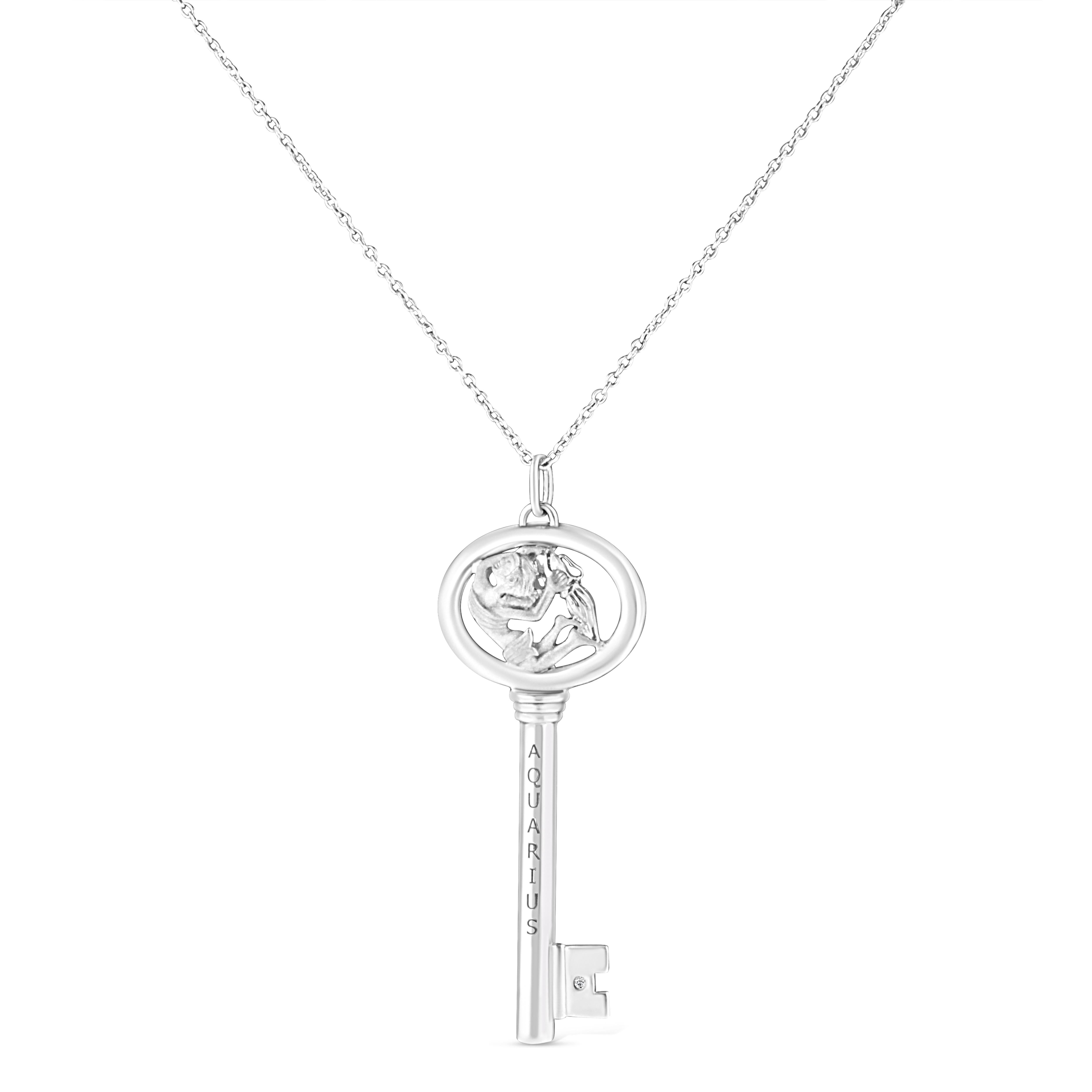 It's as if the stars aligned to create this stunning .925 Sterling Silver necklace flaunting an Aquarius zodiac pendant accented by a glimmering bezel set natural diamond. Brilliant beacons of optimism and hope, our Zodiac Keys are radiant symbols