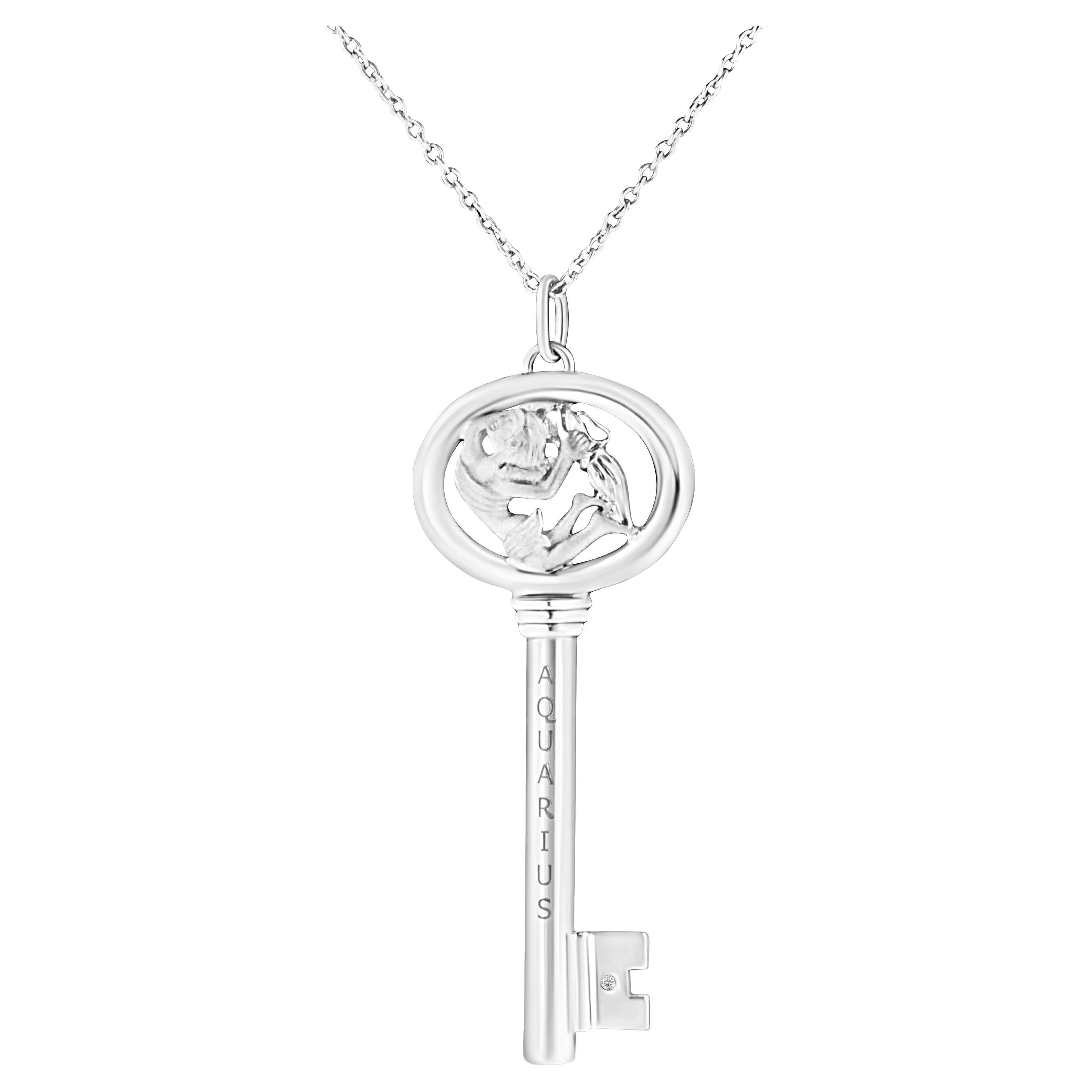 .925 Sterling Silver Diamond Accent Aquarius Zodiac Key Pendant Necklace  For Sale