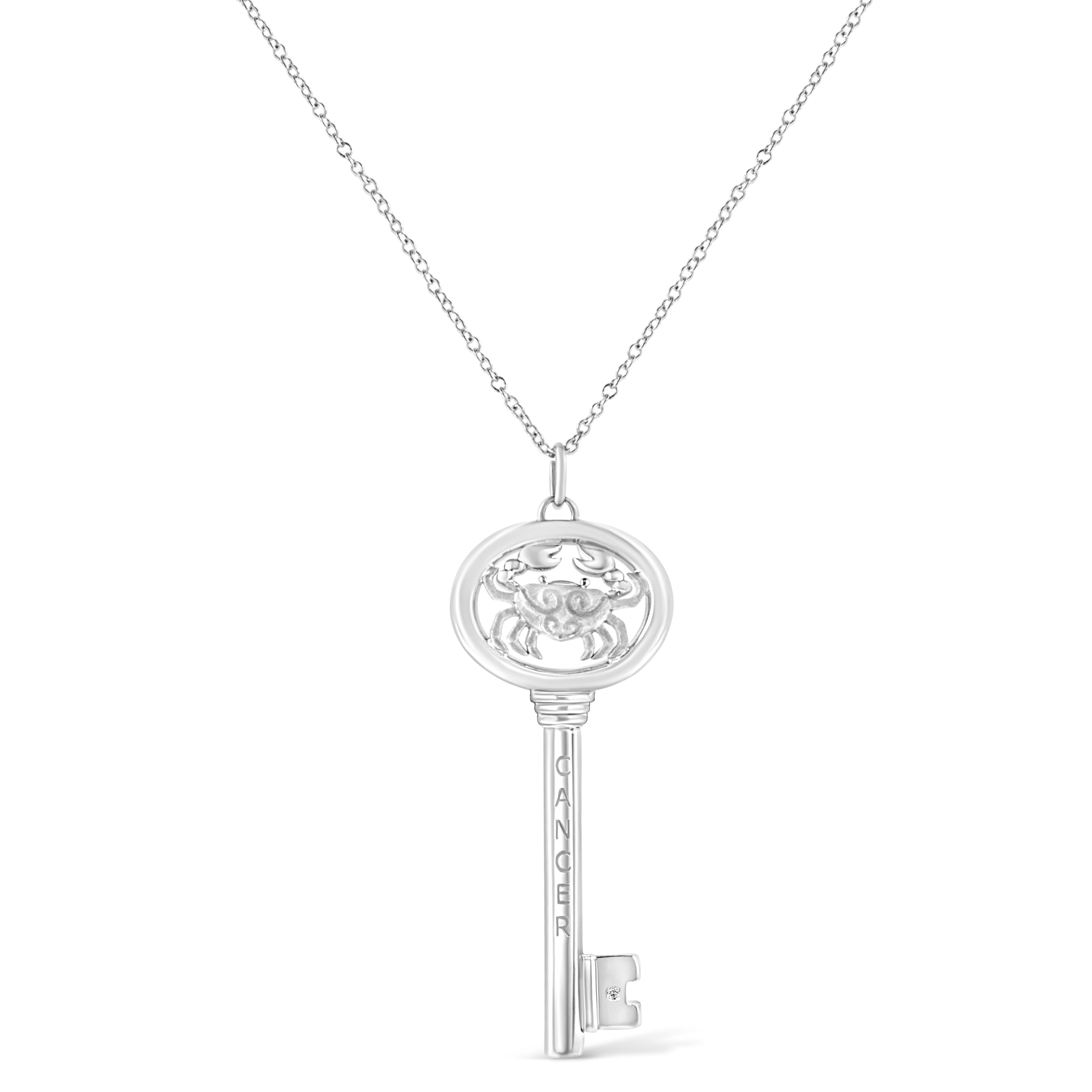 It's as if the stars aligned to create this stunning .925 Sterling Silver necklace flaunting a Cancer zodiac pendant accented by a glimmering bezel set natural diamond. Brilliant beacons of optimism and hope, our Zodiac Keys are radiant symbols of a