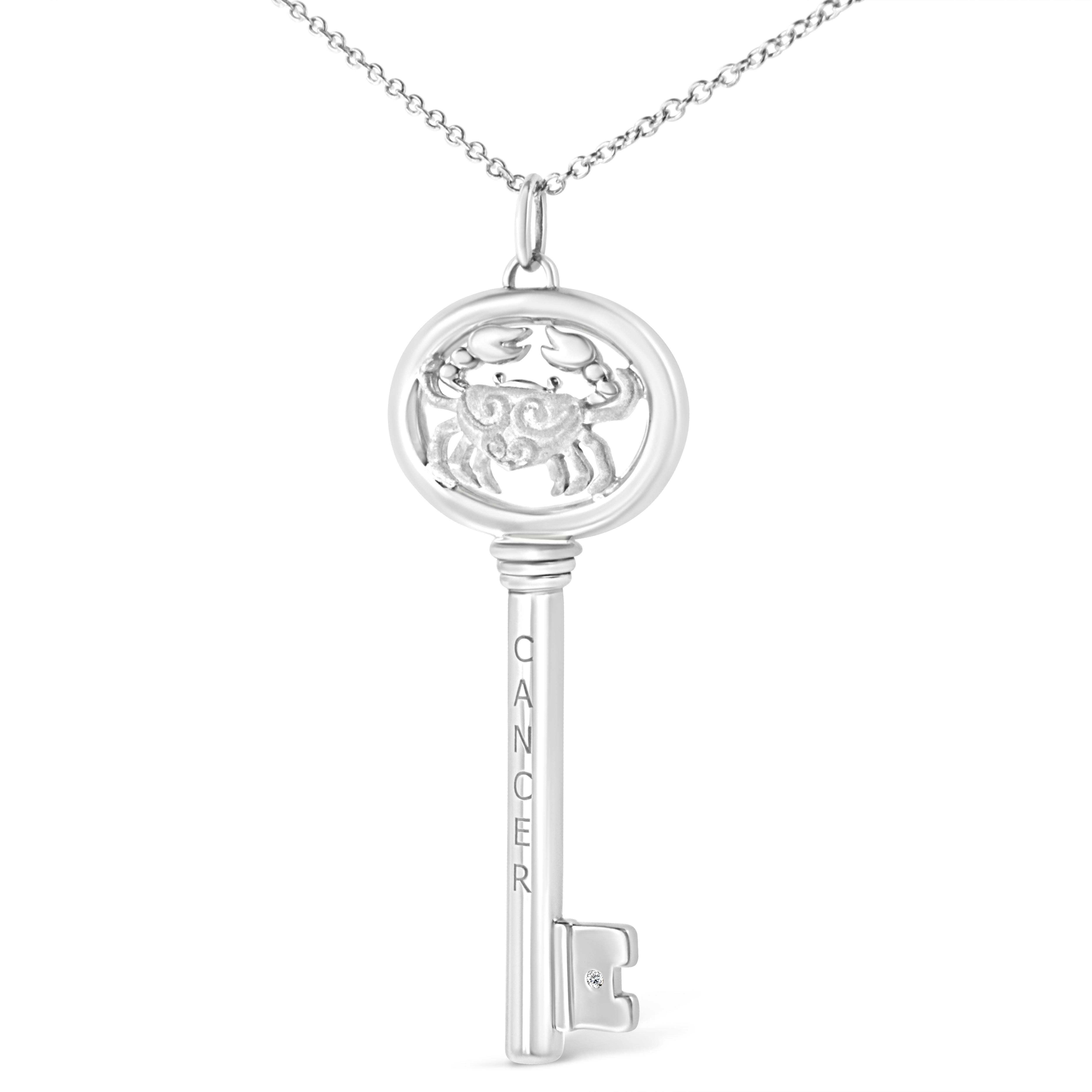 Contemporary .925 Sterling Silver Diamond Accent Cancer Zodiac Key Pendant Necklace For Sale