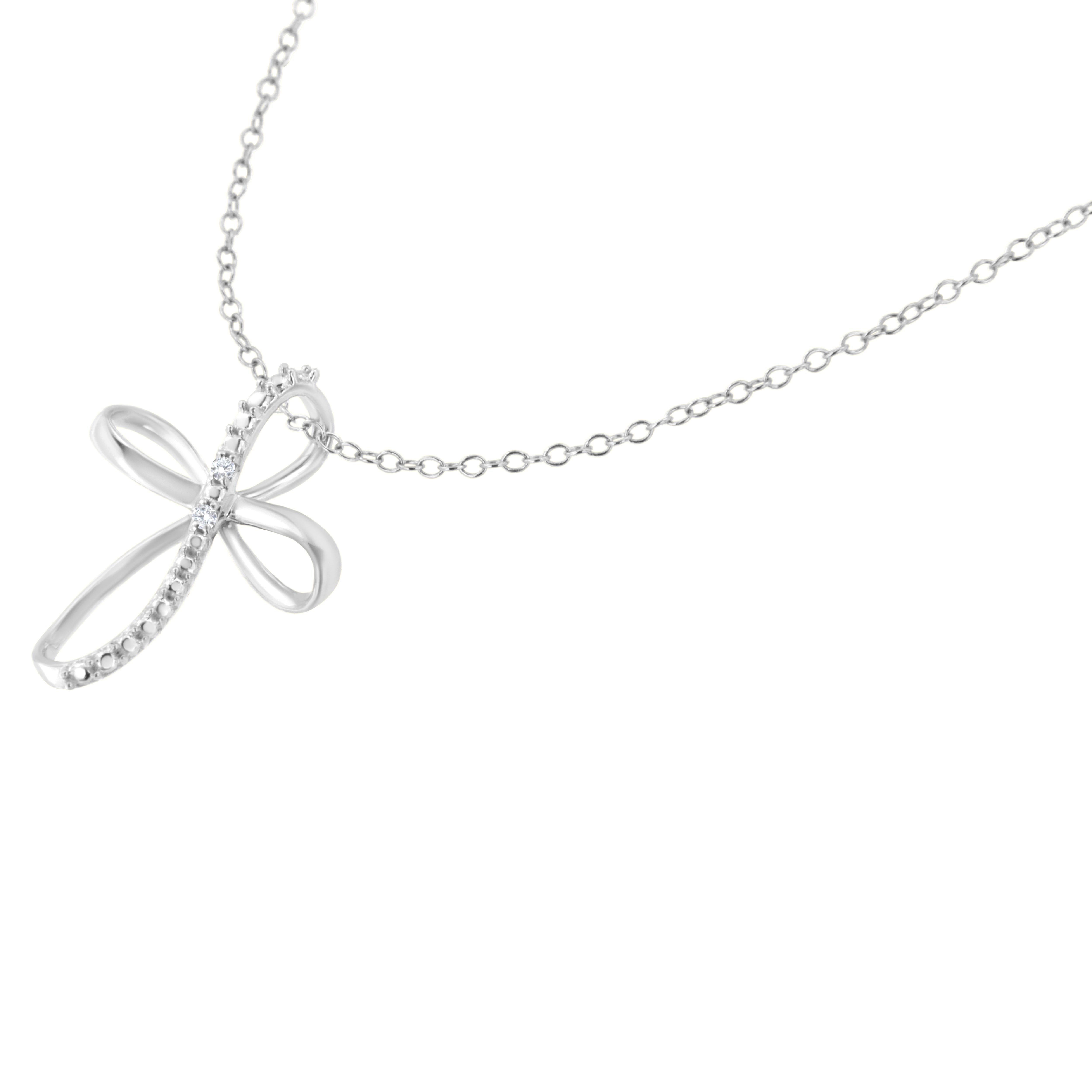 Modern .925 Sterling Silver Diamond Accent Cross Ribbon Pendant Necklace For Sale
