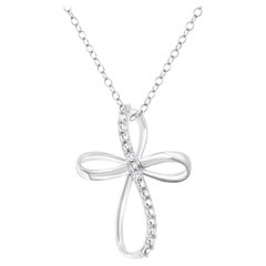 .925 Sterling Silver Diamond Accent Cross Ribbon Pendant Necklace