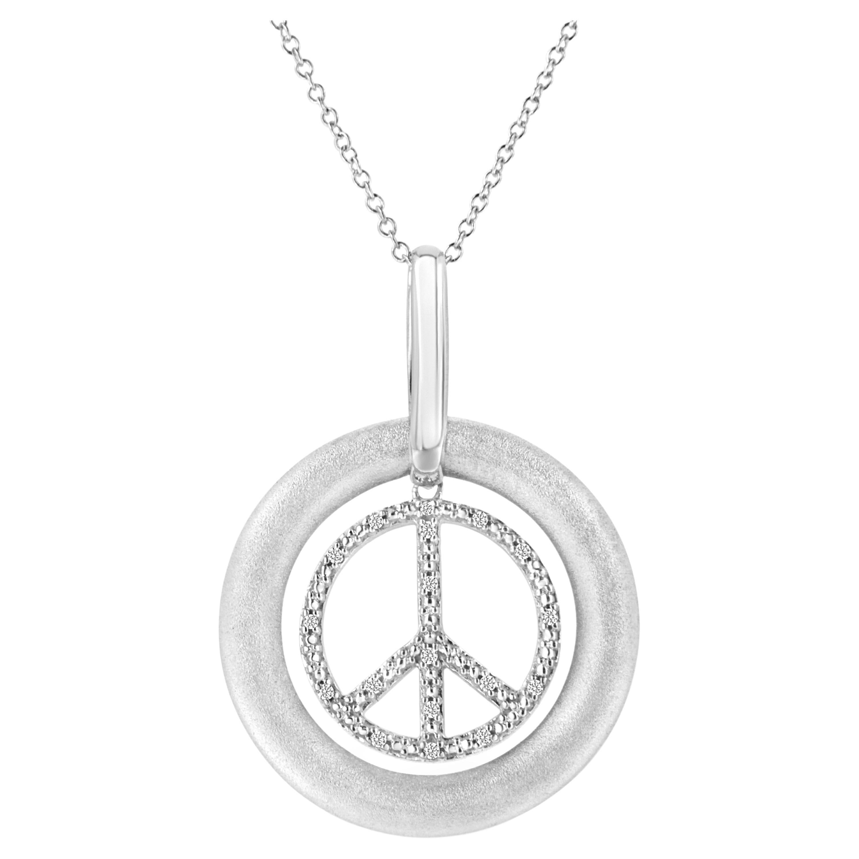 .925 Sterling Silver Diamond Accent Dancing Peace Sign Pendant Necklace For Sale