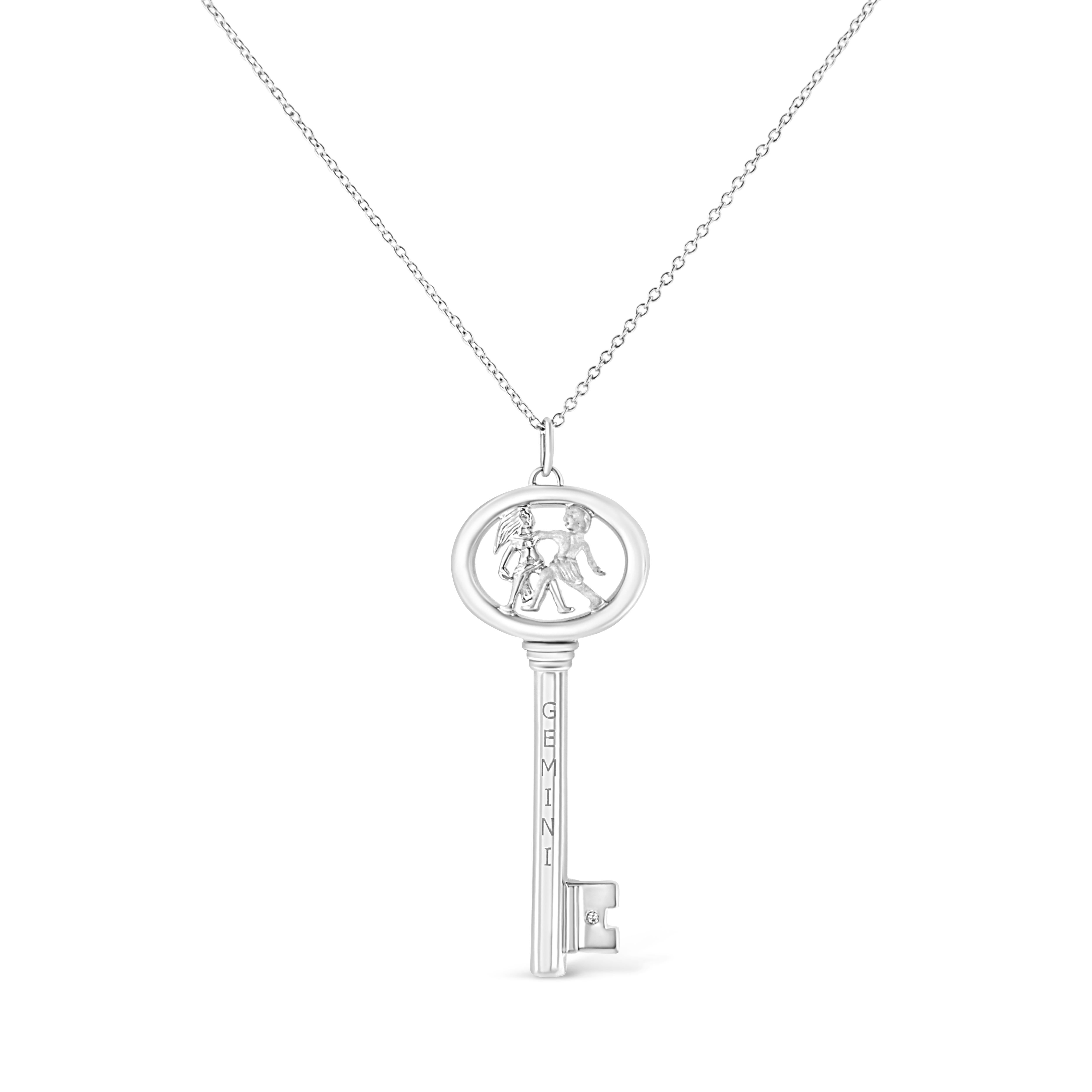 It's as if the stars aligned to create this stunning .925 Sterling Silver necklace flaunting a Gemini zodiac pendant accented by a glimmering bezel set natural diamond. Brilliant beacons of optimism and hope, our Zodiac Keys are radiant symbols of a