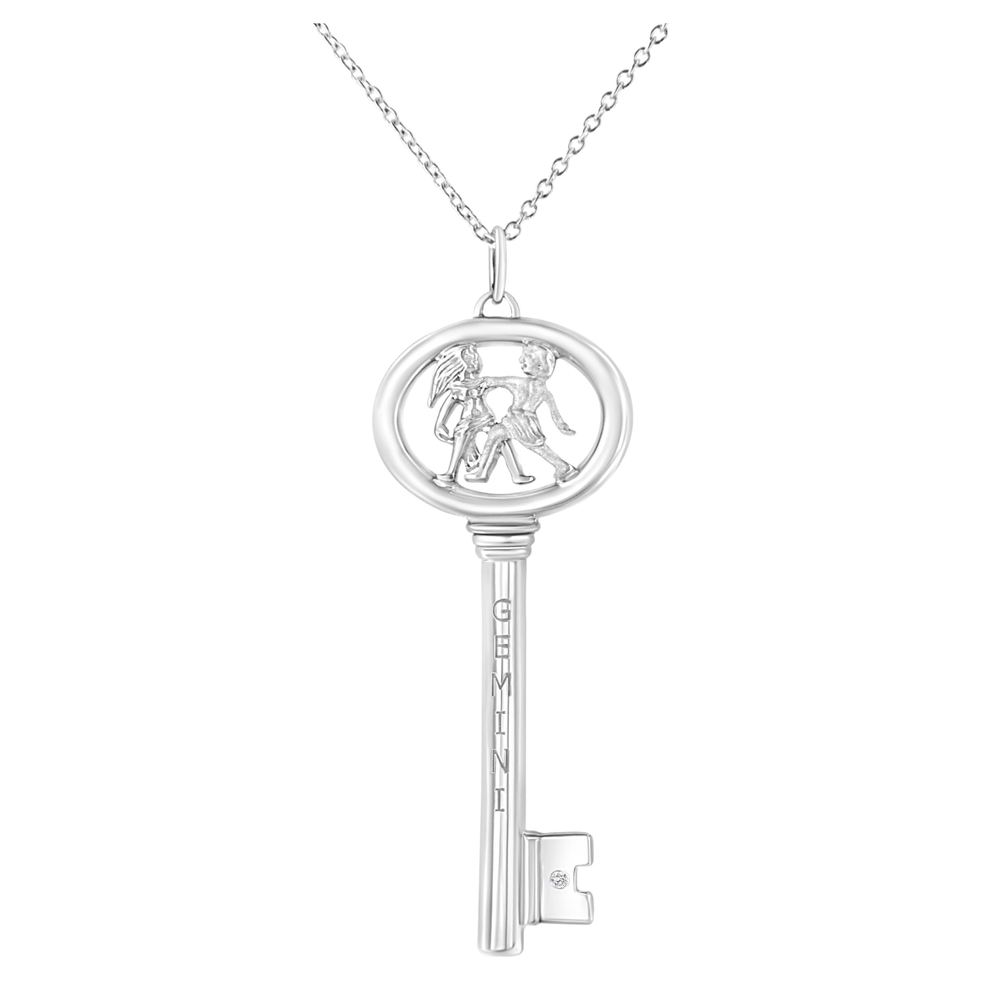 .925 Sterling Silver Diamond Accent Gemini Zodiac Key Pendant Necklace