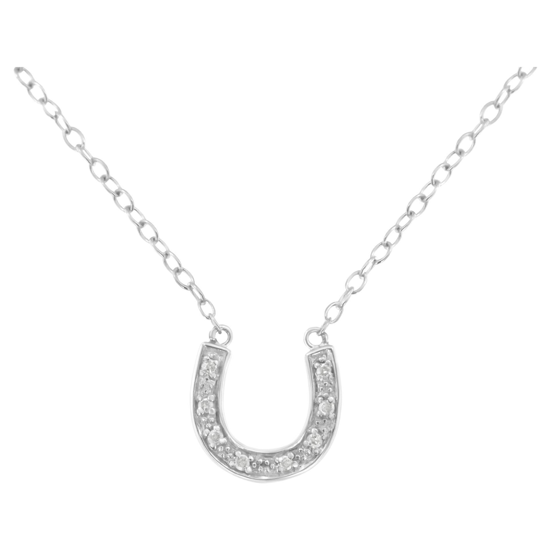 .925 Sterling Silver Diamond Accentered Horseshoe U Shape 18" Pendant Necklace