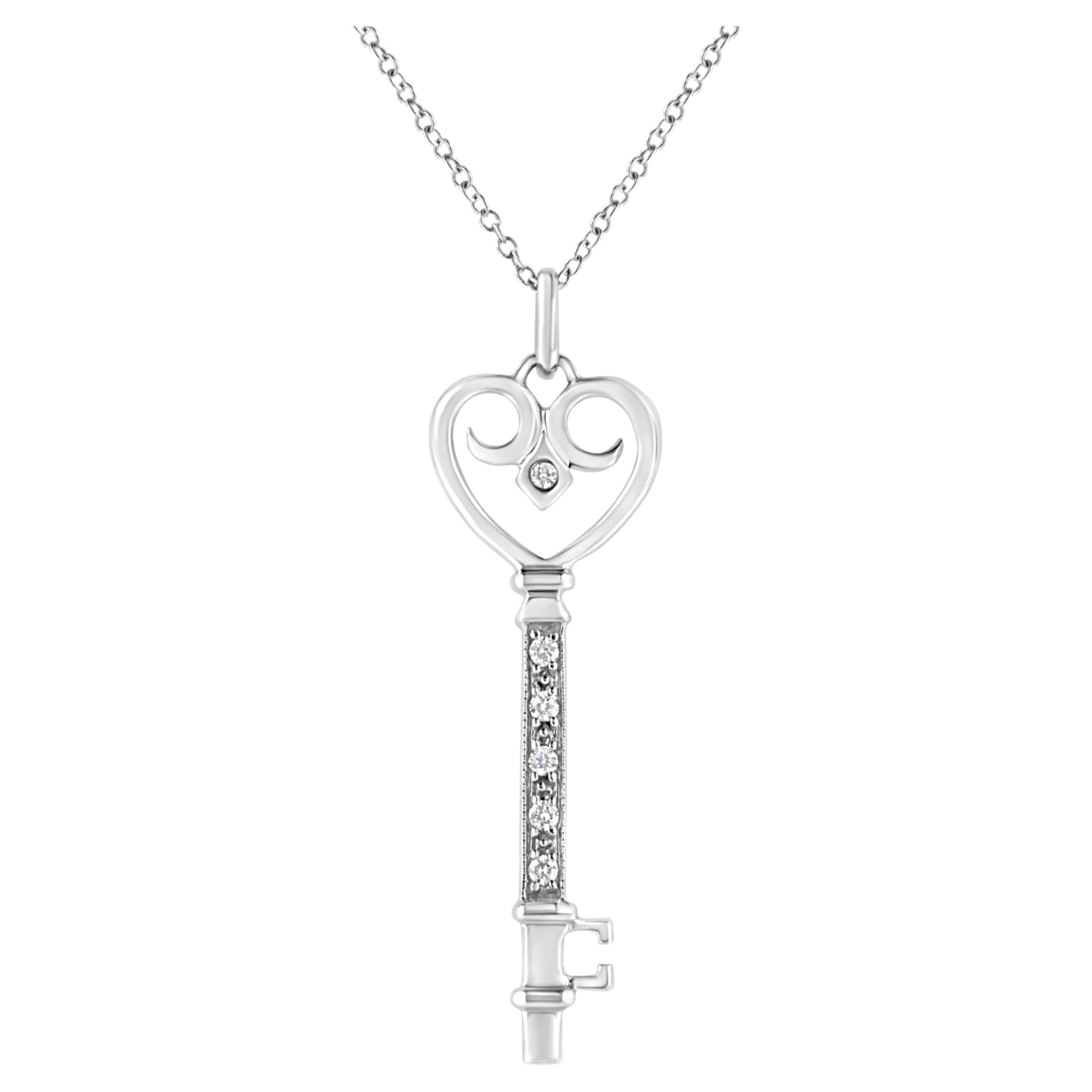 .925 Sterling Silver Diamond Accent Key Heart and Lock Pendant Necklace For Sale