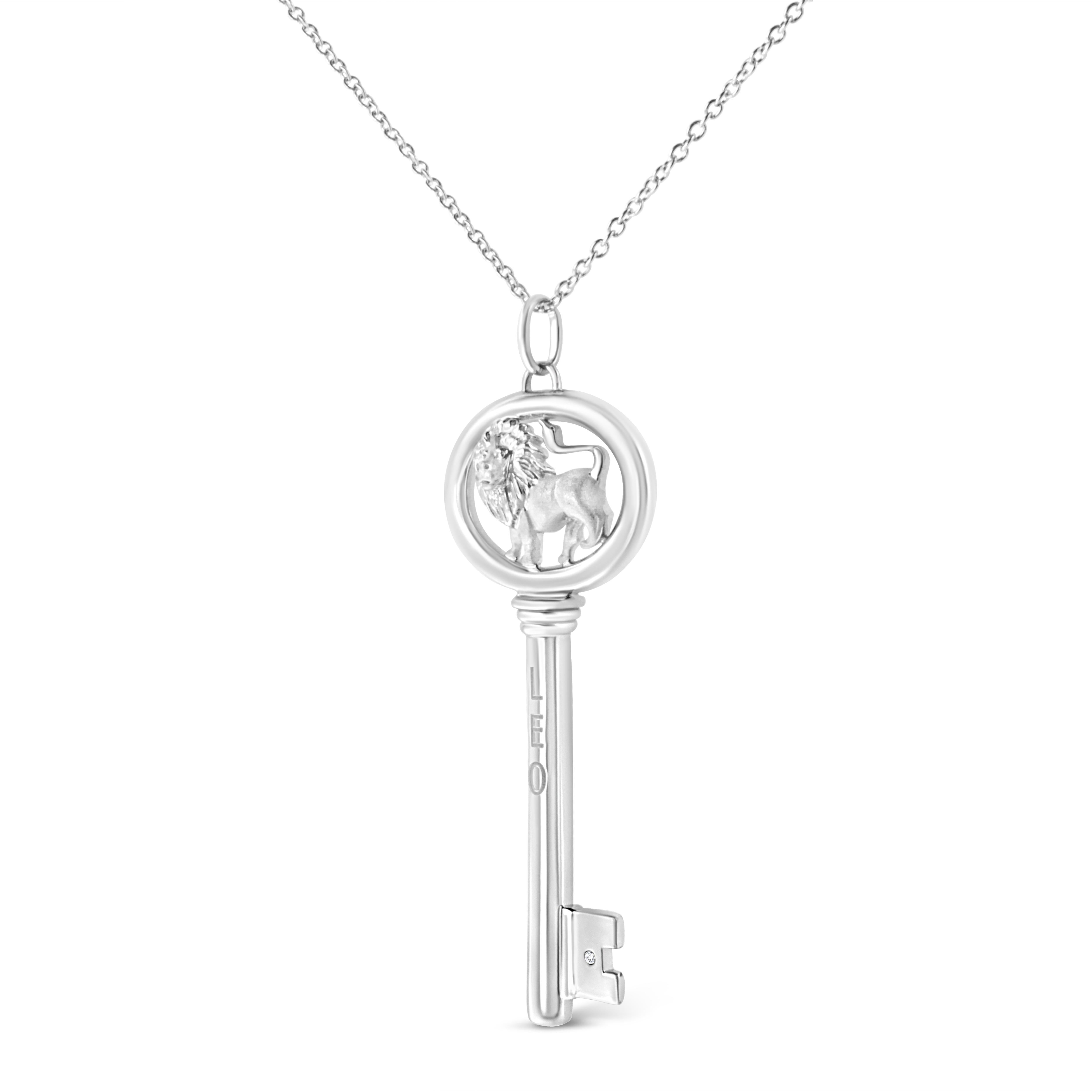 Contemporary .925 Sterling Silver Diamond Accent Leo Zodiac Key Pendant Necklace For Sale