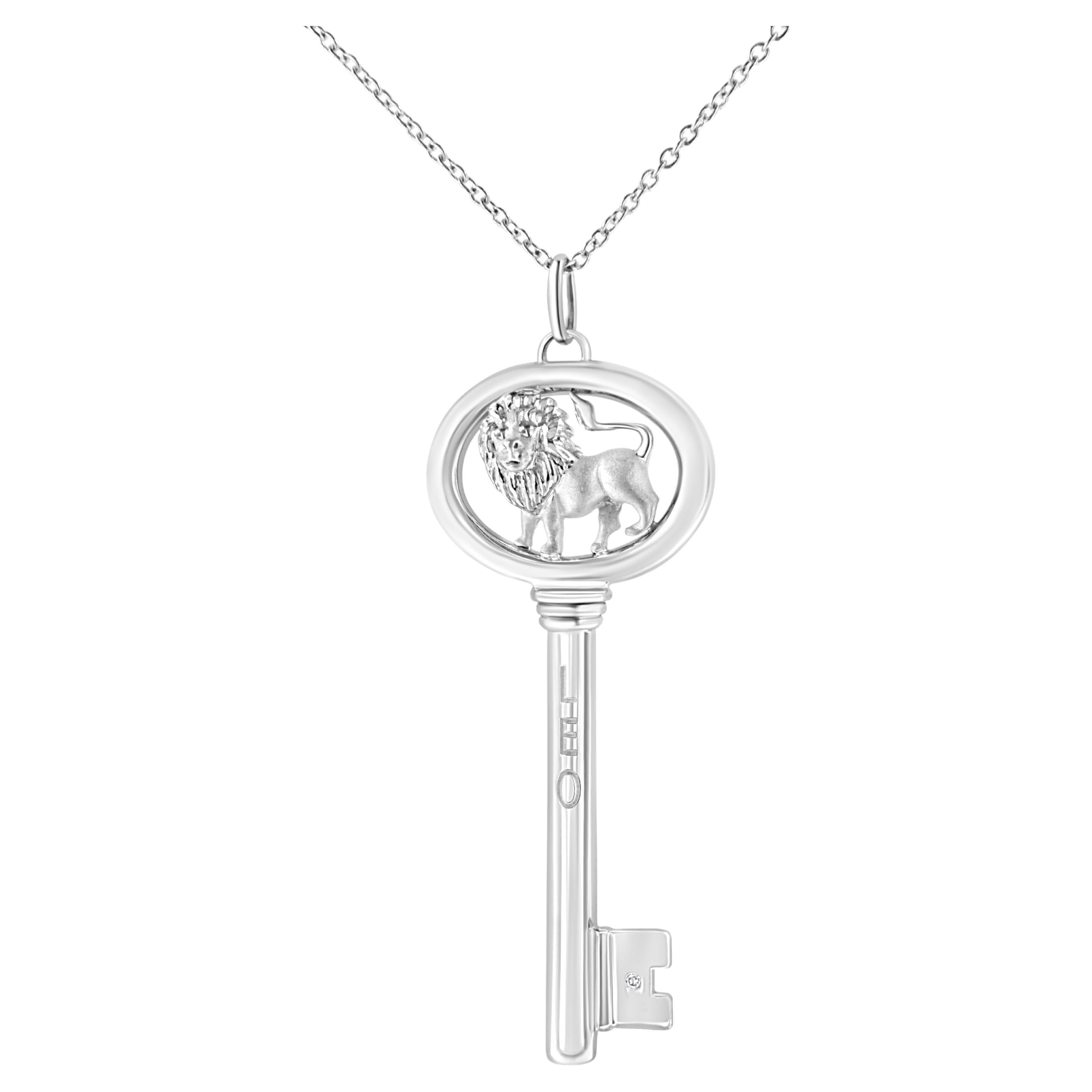 .925 Sterling Silver Diamond Accent Leo Zodiac Key Pendant Necklace For Sale