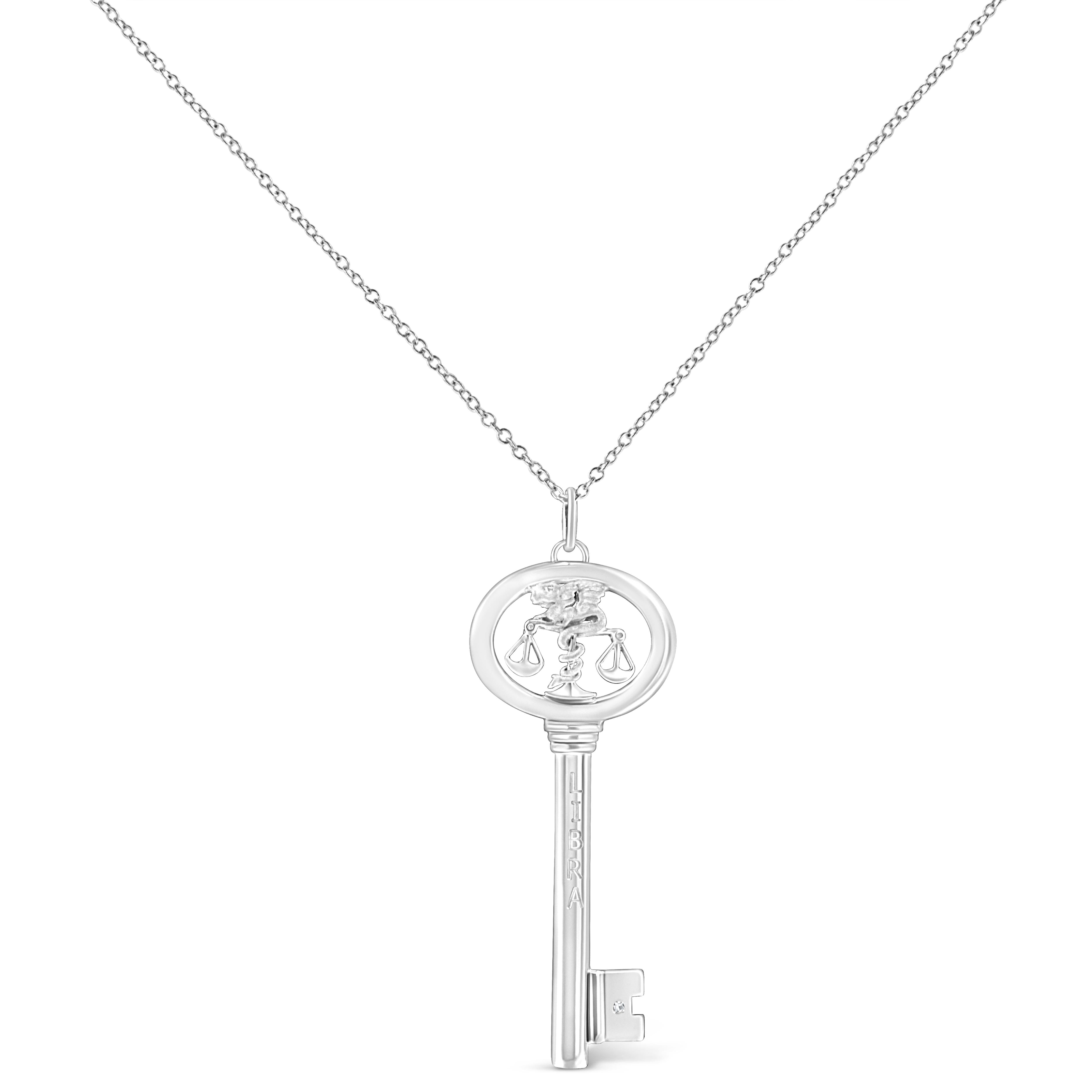 It's as if the stars aligned to create this stunning .925 Sterling Silver necklace flaunting a Libra zodiac pendant accented by a glimmering bezel set natural diamond. Brilliant beacons of optimism and hope, our Zodiac Keys are radiant symbols of a