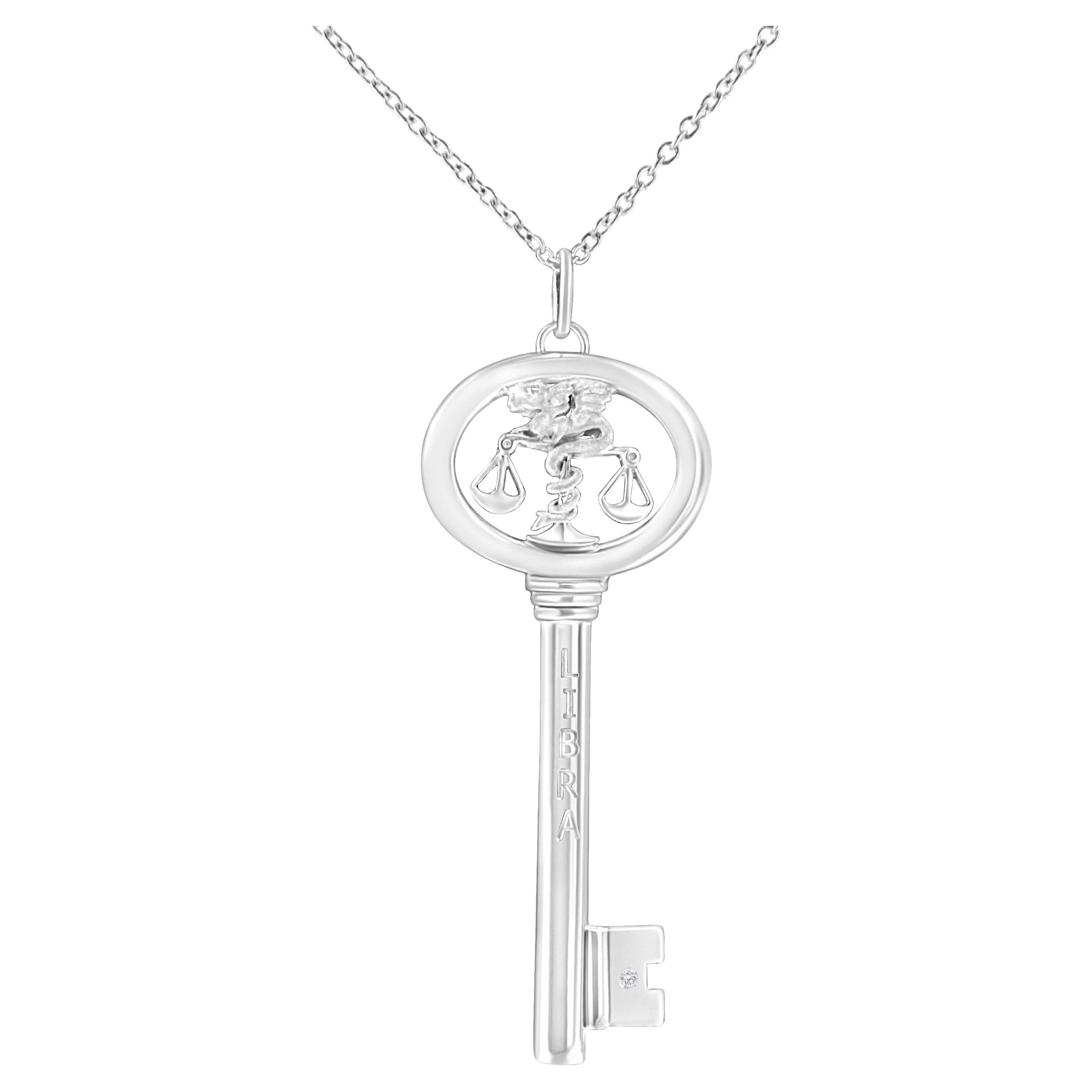 .925 Sterling Silver Diamond Accent Libra Zodiac Key Pendant Necklace For Sale