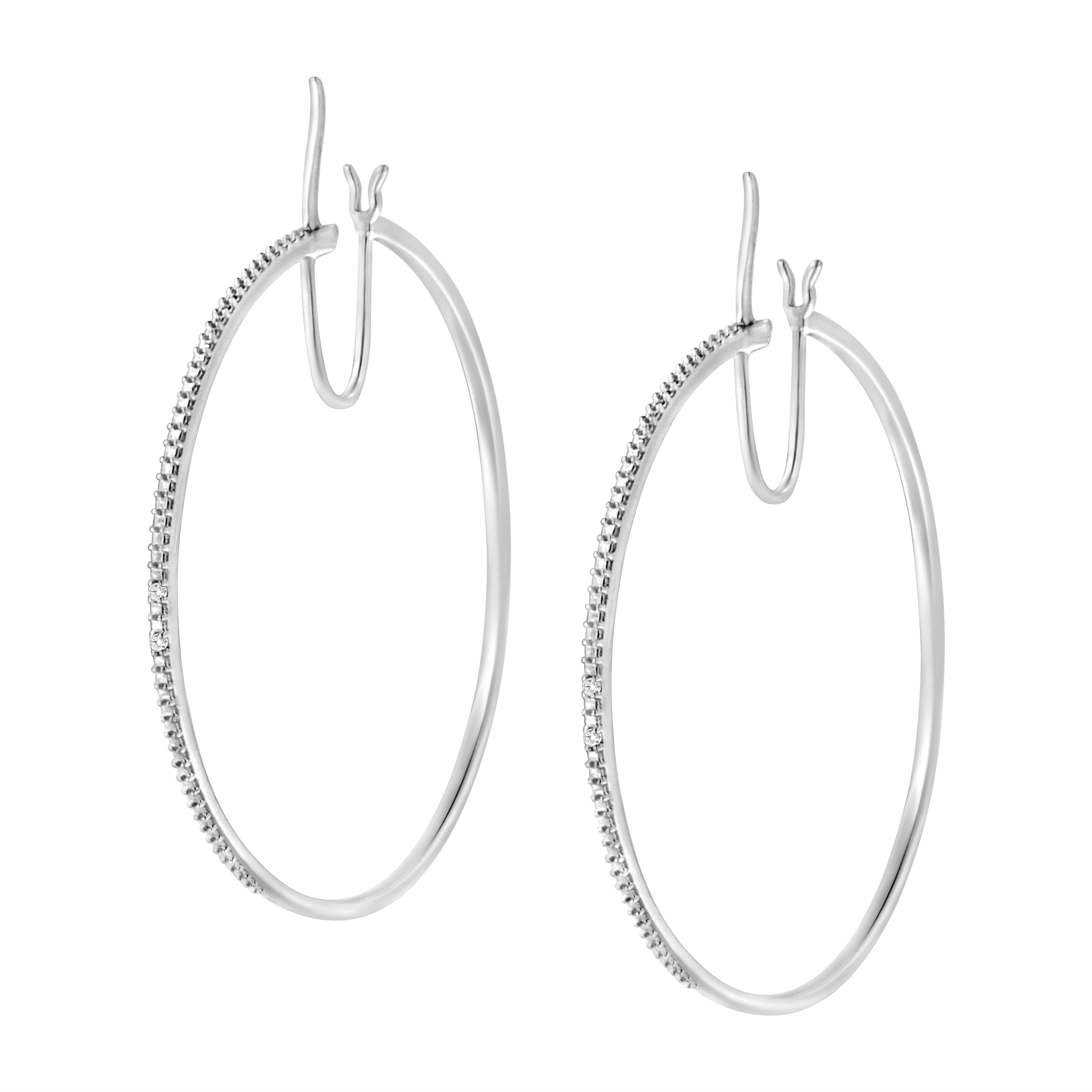 Contemporary .925 Sterling Silver Diamond Accent Medium Sized Hoops Earrings For Sale