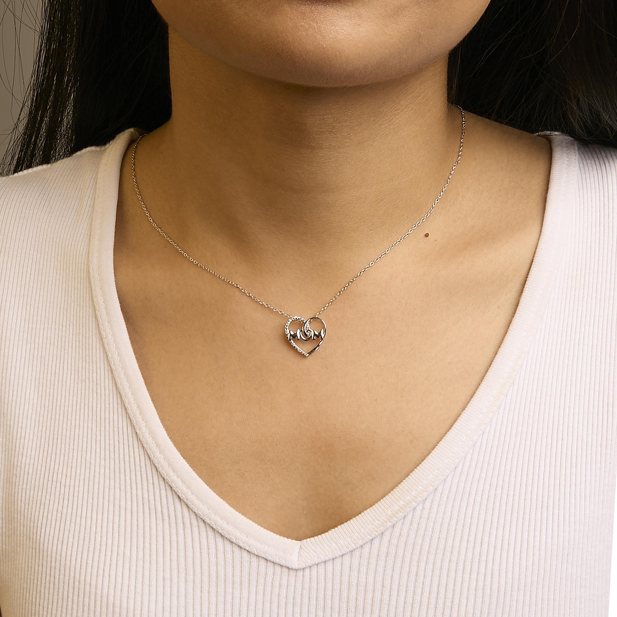 Taglio rotondo Collana con ciondolo a forma di cuore della mamma in argento 925 con diamanti in vendita