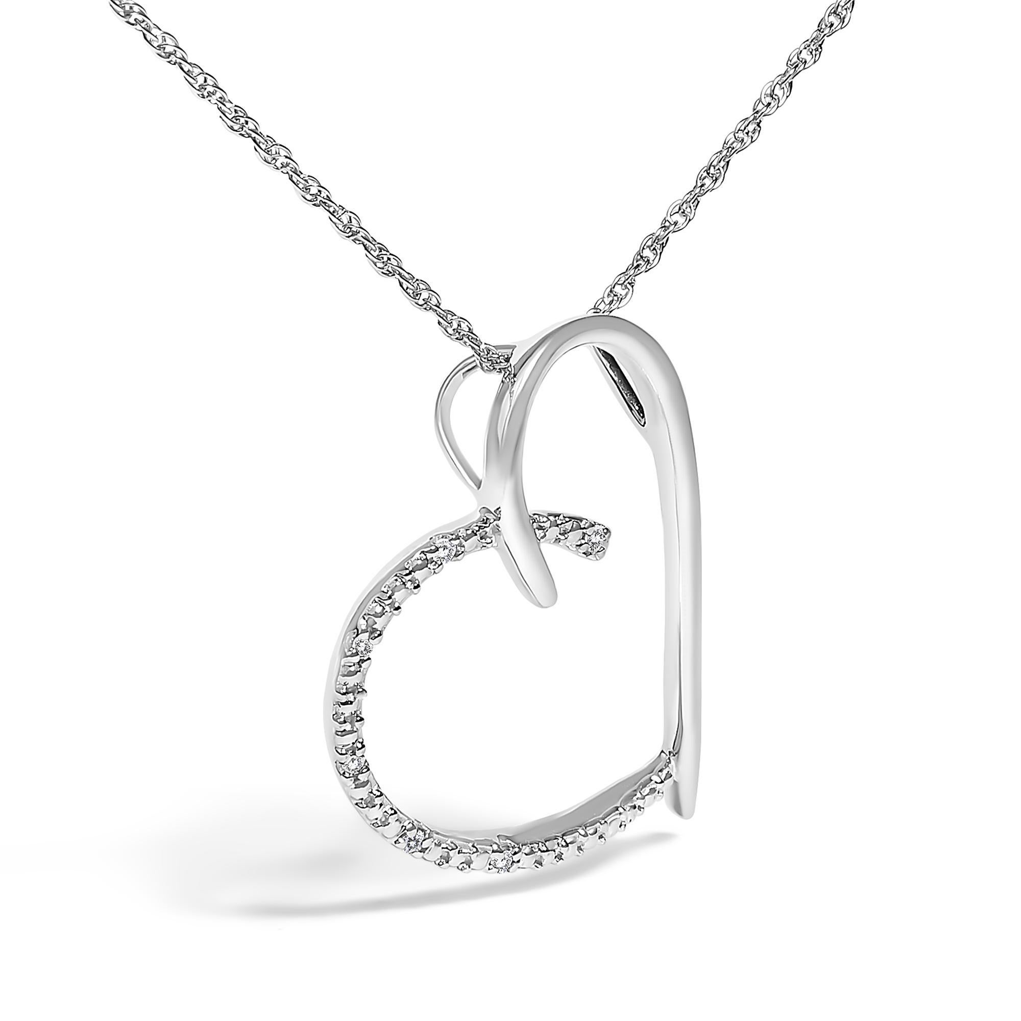 Modern .925 Sterling Silver Diamond Accent Open Heart Slide Pendant Necklace For Sale