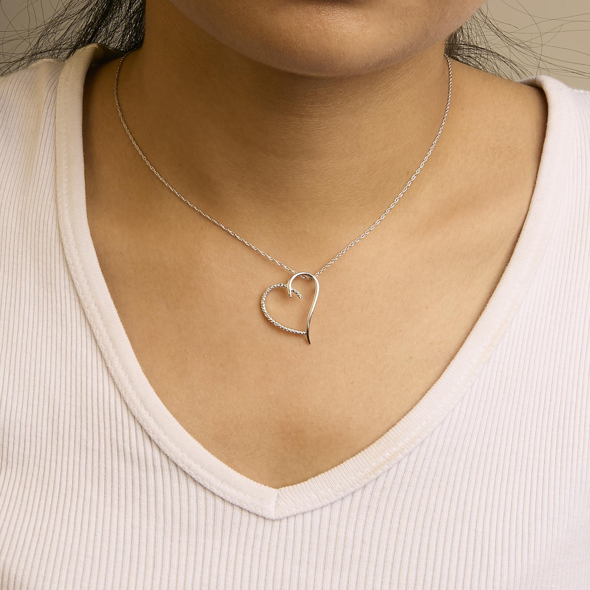 Round Cut .925 Sterling Silver Diamond Accent Open Heart Slide Pendant Necklace For Sale