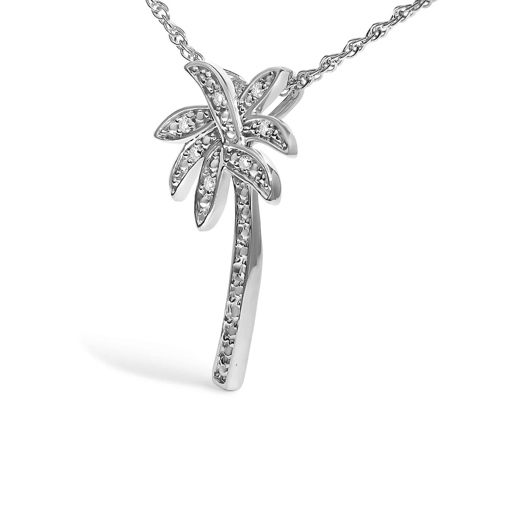 Modern .925 Sterling Silver Diamond Accent Palm Tree Pendant Necklace For Sale