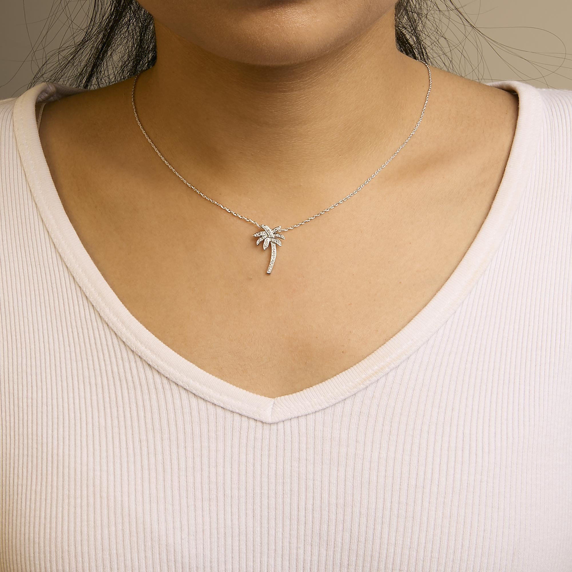 Round Cut .925 Sterling Silver Diamond Accent Palm Tree Pendant Necklace For Sale