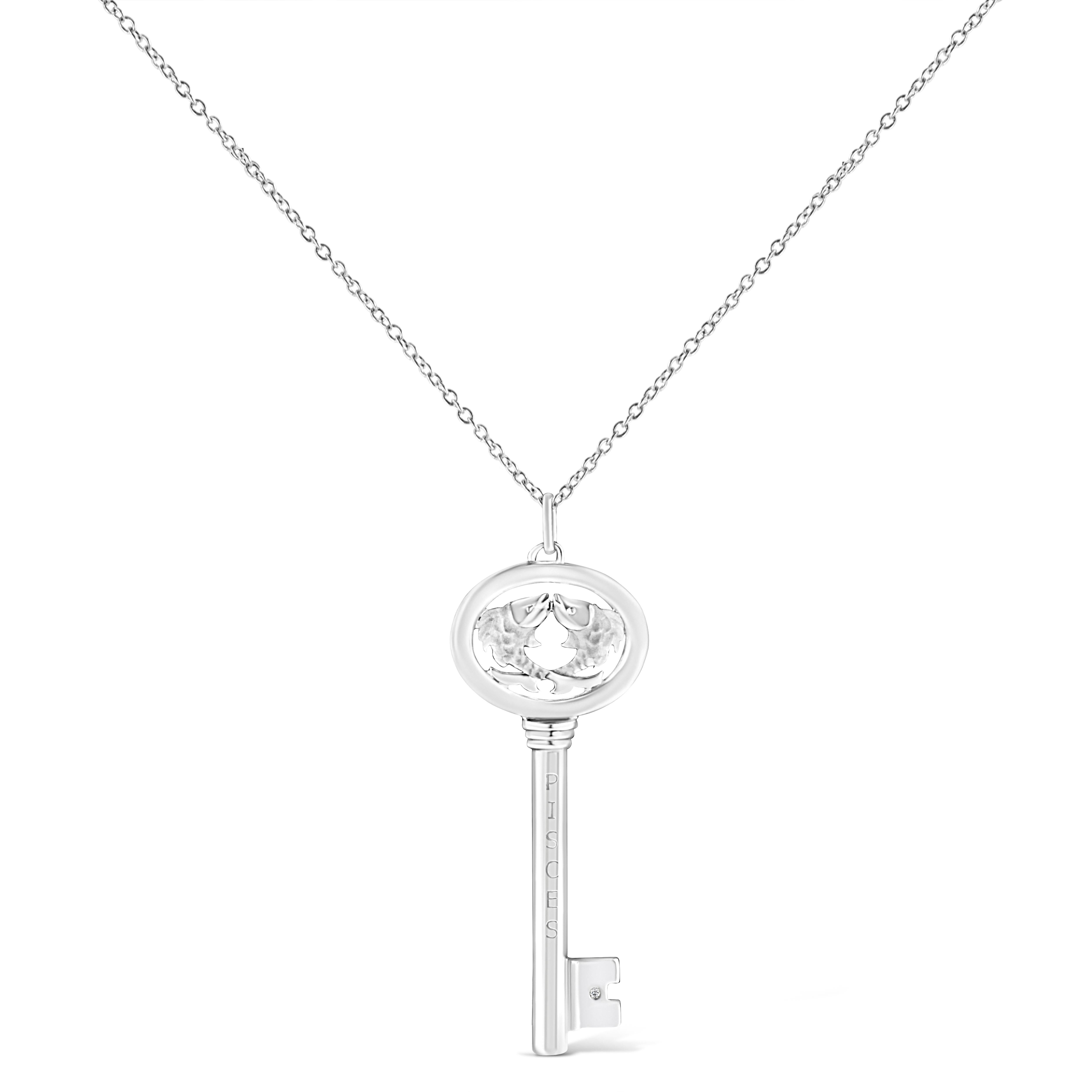 It's as if the stars aligned to create this stunning .925 Sterling Silver necklace flaunting a Pisces zodiac pendant accented by a glimmering bezel set natural diamond. Brilliant beacons of optimism and hope, our Zodiac Keys are radiant symbols of a