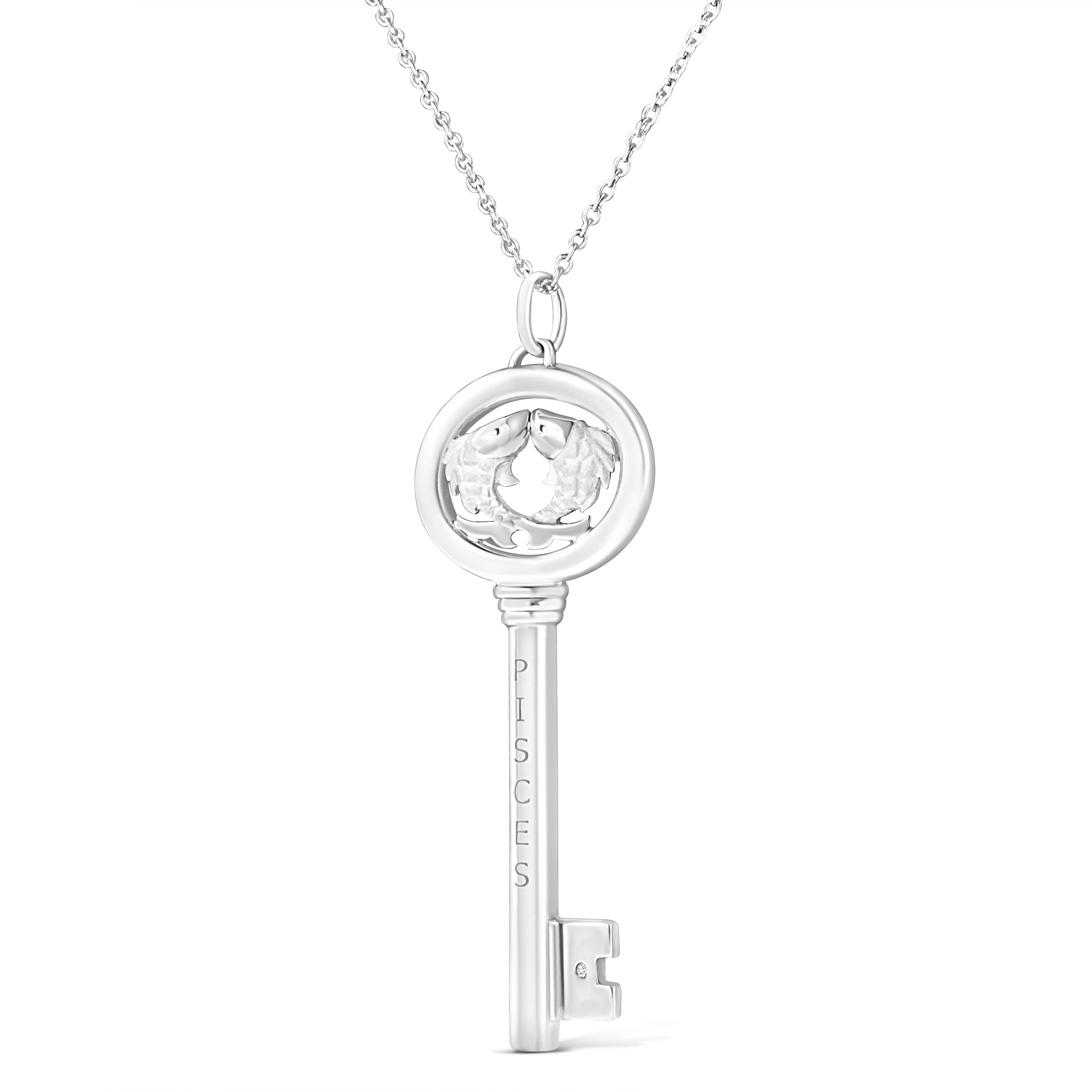 Modern .925 Sterling Silver Diamond Accent Pisces Zodiac Key Pendant Necklace For Sale