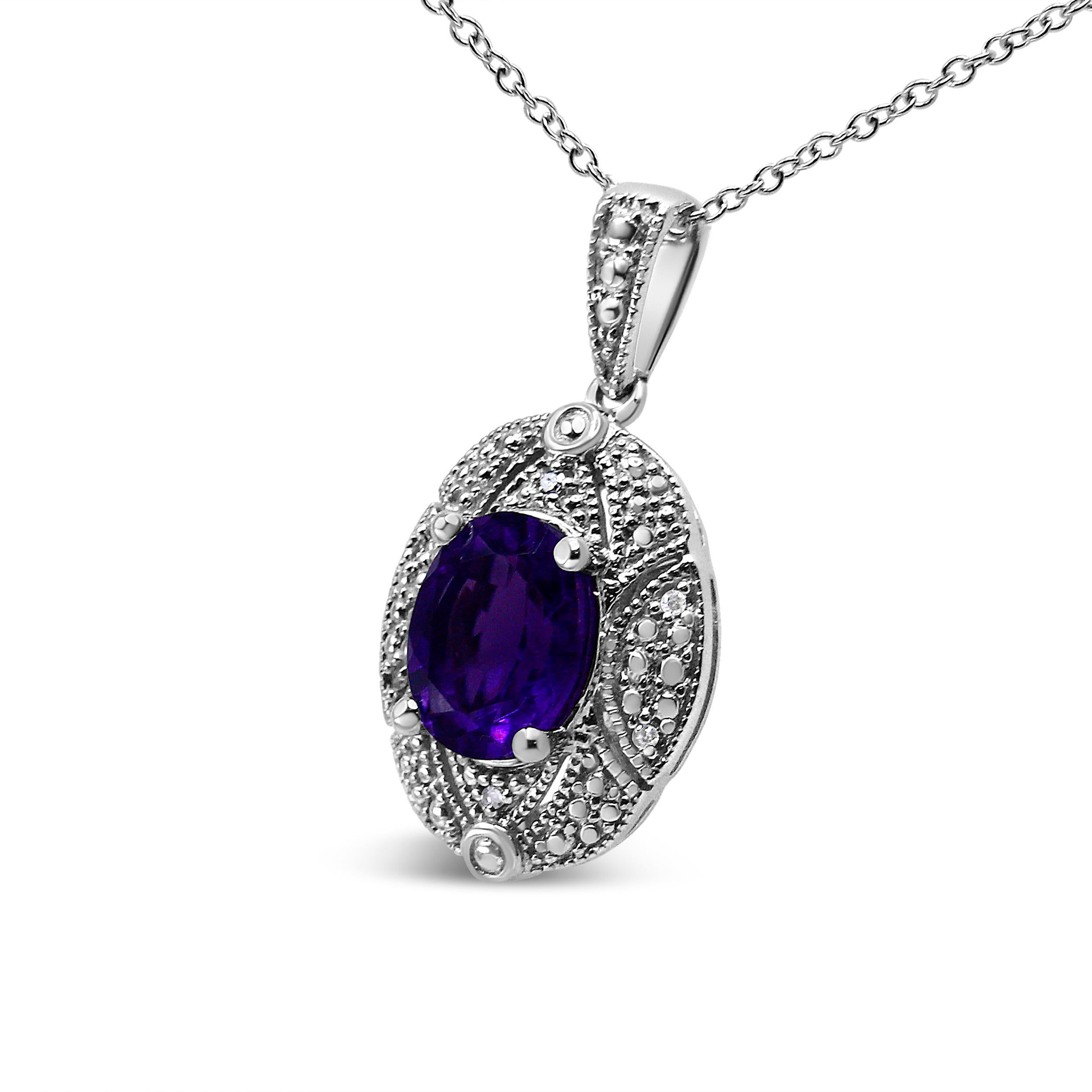 Intensify your look with the brilliant colors that radiate from this stunning diamond accent and gemstone pendant necklace! A gorgeous 9X7mm purple oval amethyst gemstone takes center stage in a sensational .925 sterling silver setting. The milgrain
