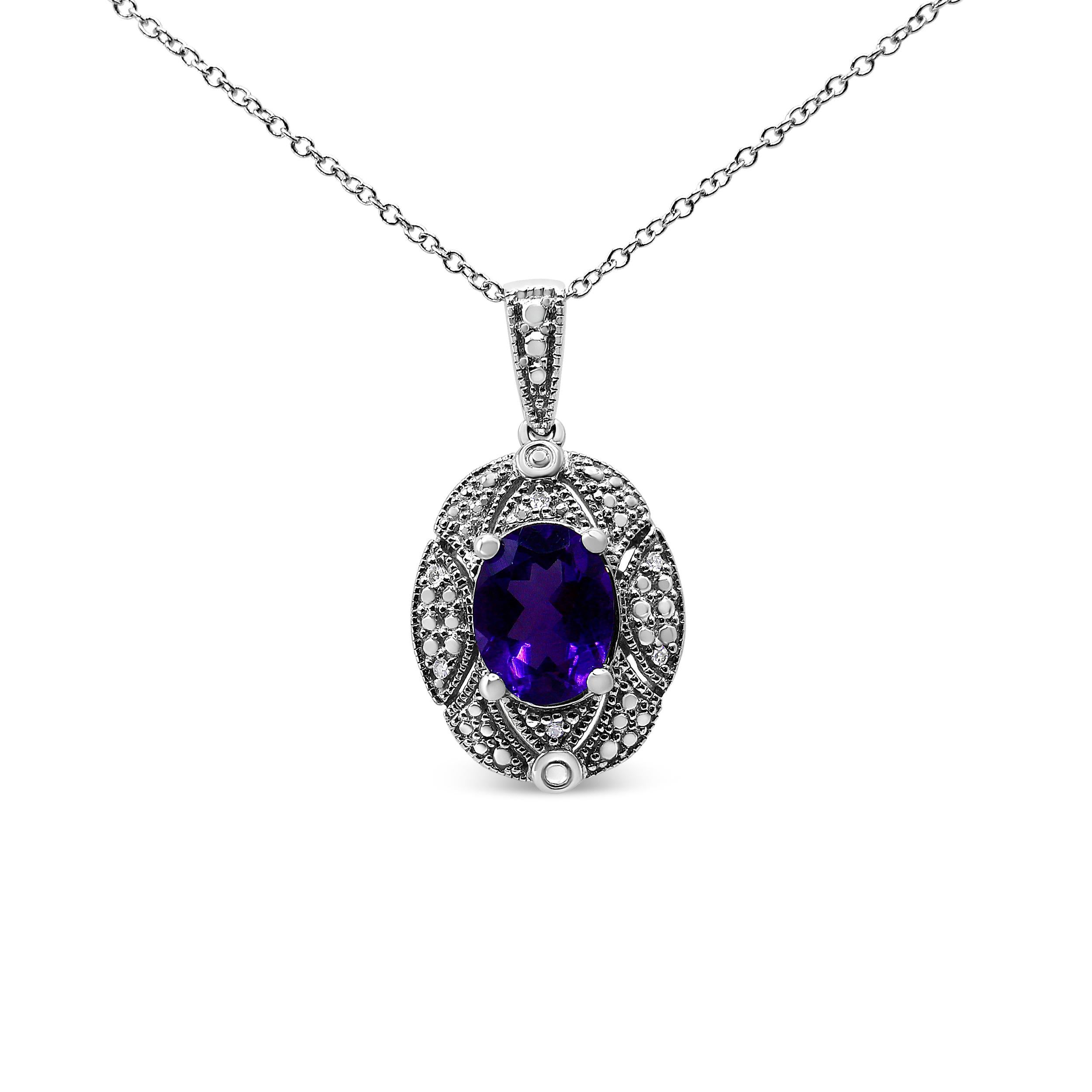 Contemporary .925 Sterling Silver Diamond Accent & Purple Amethyst Gemstone Pendant Necklace For Sale