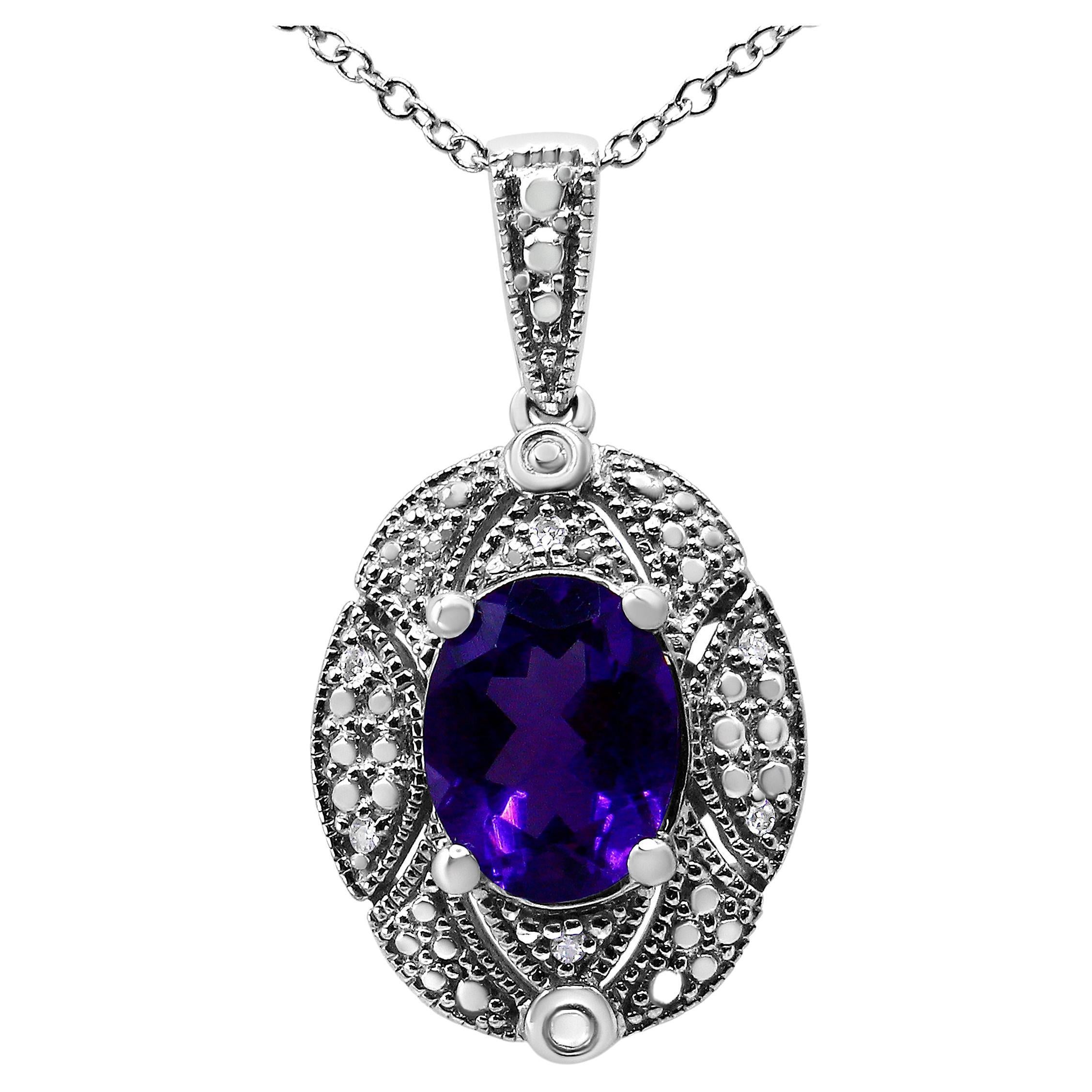 .925 Sterling Silver Diamond Accent & Purple Amethyst Gemstone Pendant Necklace For Sale
