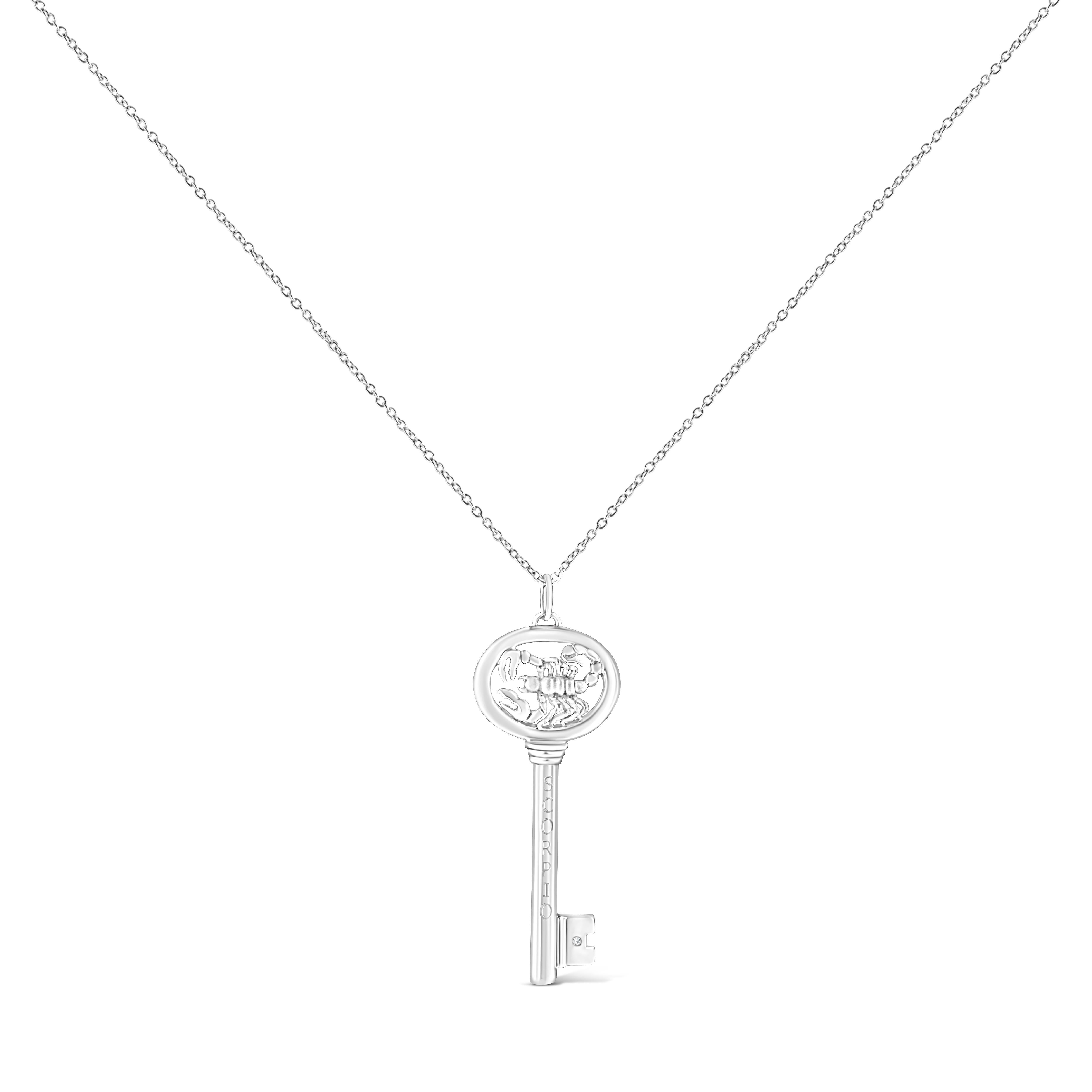 It's as if the stars aligned to create this stunning .925 Sterling Silver necklace flaunting a Scorpio zodiac pendant accented by a glimmering bezel set natural diamond. Brilliant beacons of optimism and hope, our Zodiac Keys are radiant symbols of
